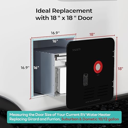 Miniatura 7 de FOGATTI Calentador de agua sin tanque para caravana, 3 tamaños de puerta opcionales de 15 x 15 pulgadas, 15 x 18 pulgadas y 18 x 18 pulgadas para