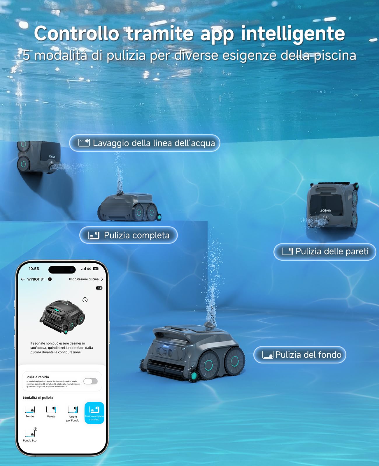 WYBOT OS600 Robot Piscina, Senza Fili, Pulizia Fondo E Pareti, Autonomia 120 Min, Navigazione Intelligente, Parcheggio Automatico, per Piscine Interrate E Fuori Terra, Verde Grigiastro