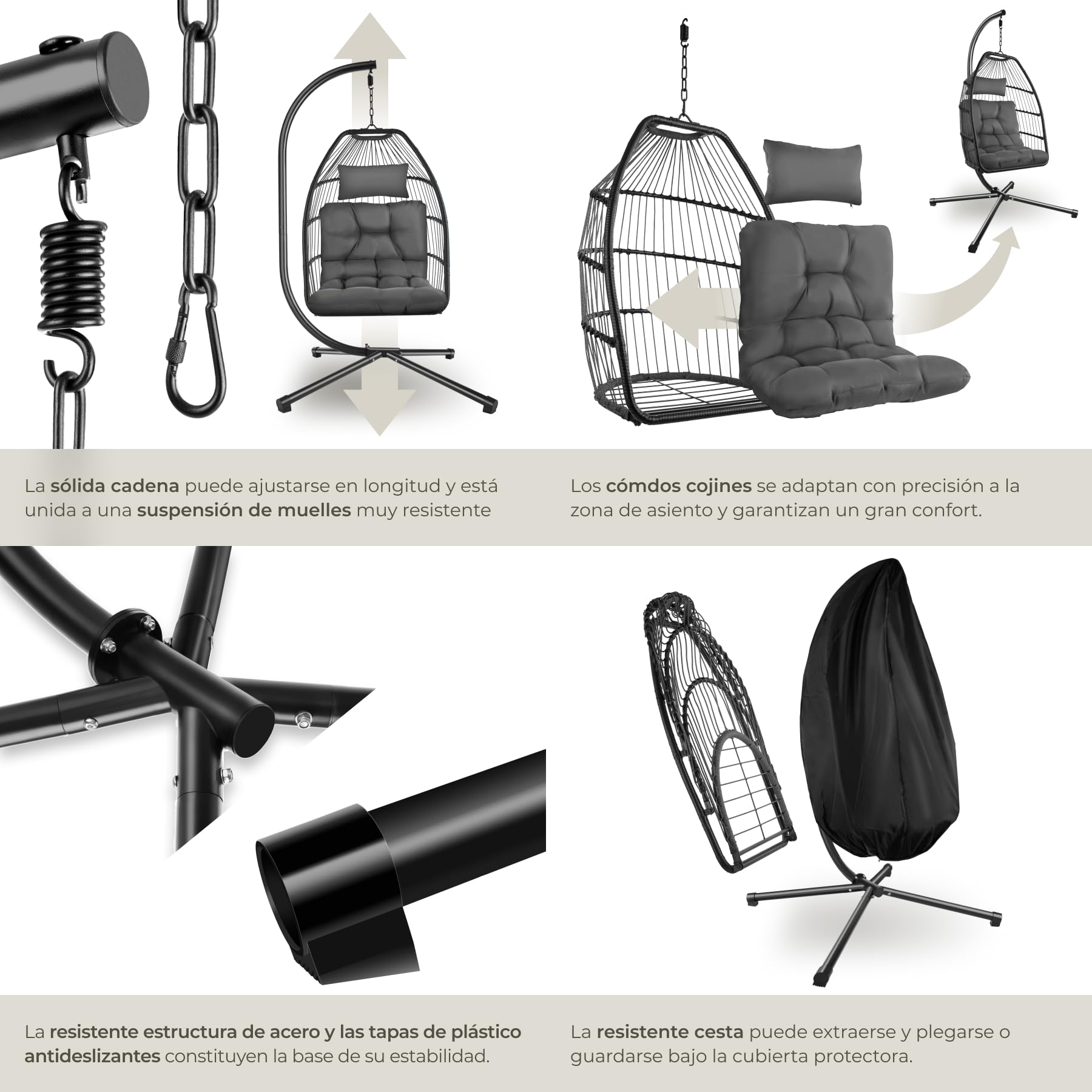 tectake® Columpio Jardín Exterior, Silla Colgante con Cojín Extragrueso, Sillón Balancín con Estructura de Acero y 4 Pies en Base, Hamaca Colgante Interior/Exterior, Plegable, Capacidad 160Kg - Gris