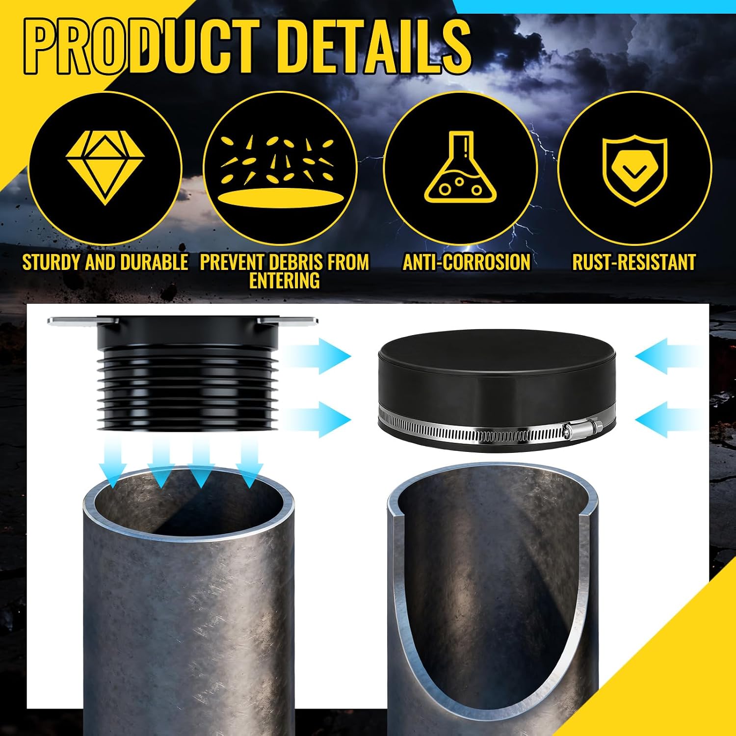 3 Pack 6 Inch Flexible PVC Pipe Cap with Stainless Steel Clamps - Black Durable End Caps for Drainage, Wastewater & Vent Pipes, Above/below Ground Use