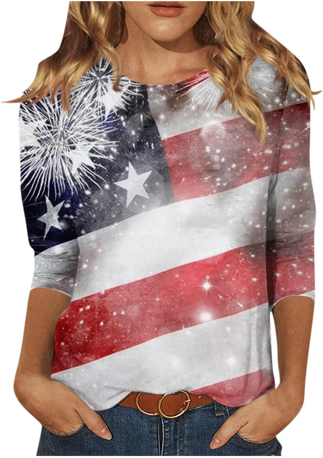 3/4 Sleeve Blouses for Women, Summer Tops 2023 Trendy Crew Neck Tees Dressy Casual T Shirt Slim Fit Tops Printed Shirts