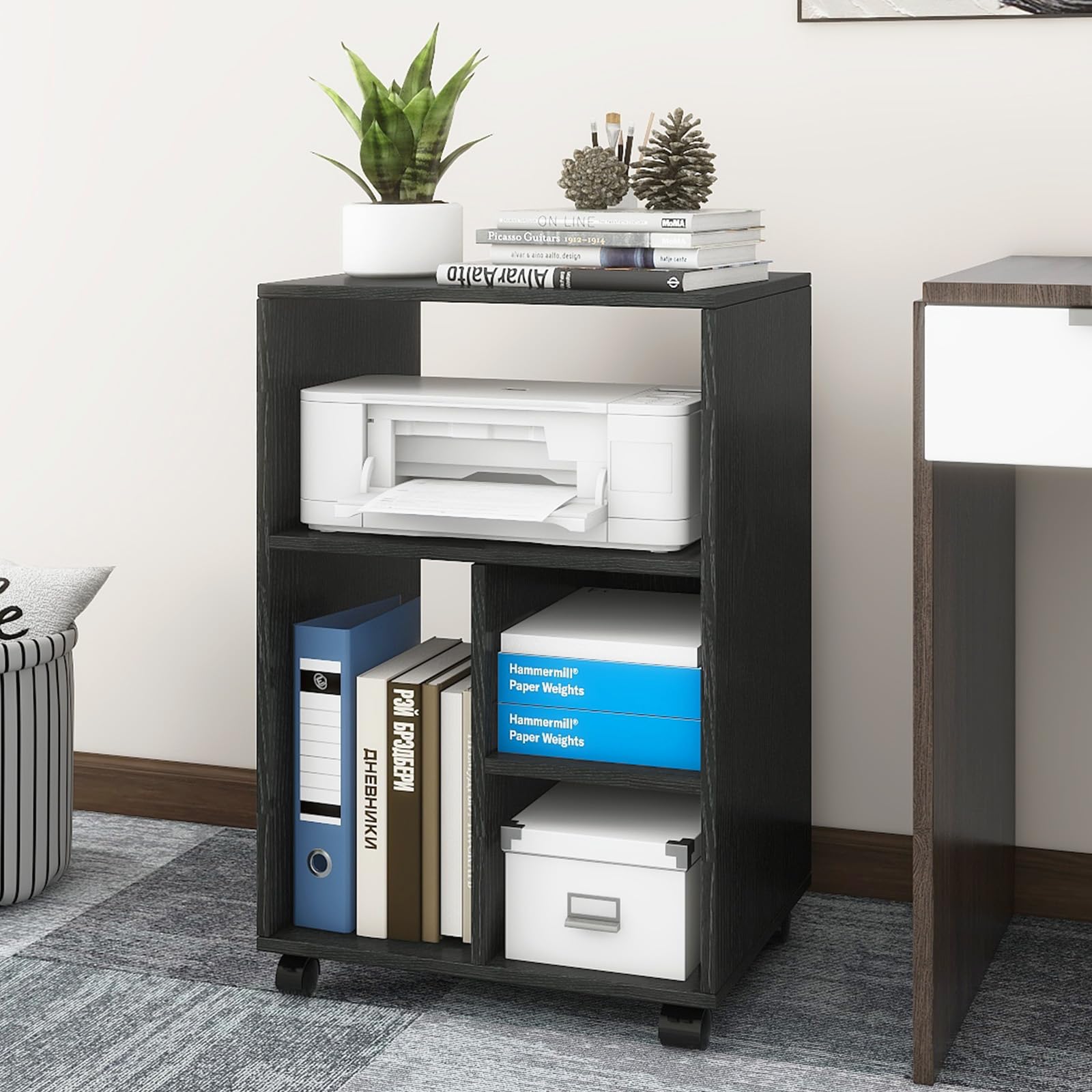 PUNCIA 50x40x75cm Mobile Filing Cabinet with 4 Open Compartments Black