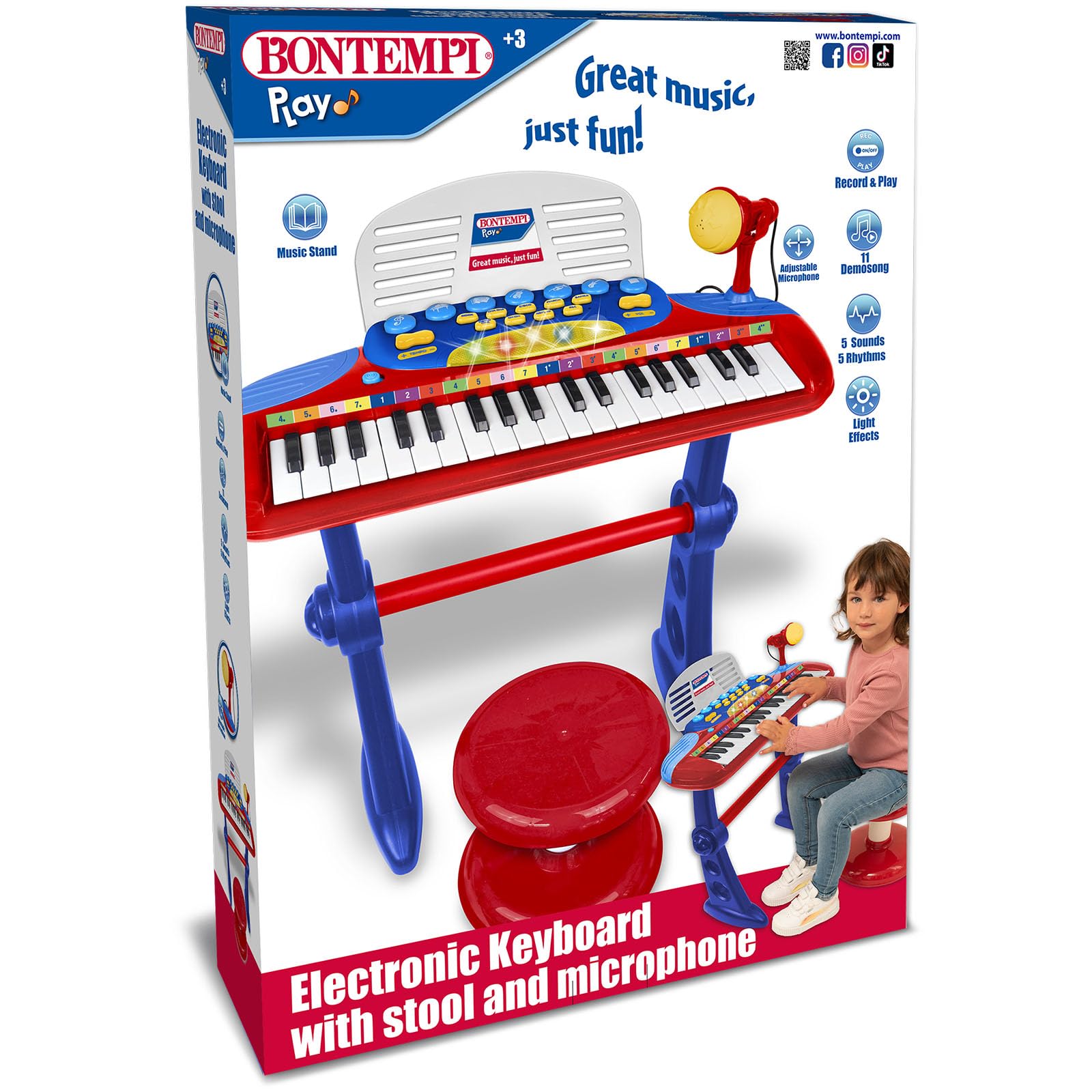 Bontempi | MiniKeyFun - Tastiera Giocattolo a 37 Tasti per Piccoli Musicisti con Microfono, Sgabello e Leggio, Blu e Rosso, 59,9x42,9x11,9 cm
