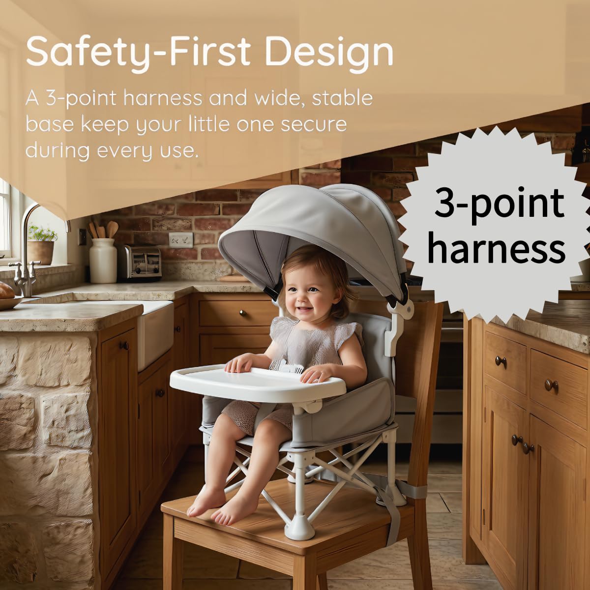 Siège de voyage pliable pour bébé avec position assise surélevée, chaise d'alimentation pour enfants, tout-petits et nourrissons avec plateau amovible et parasol amovible (crème)