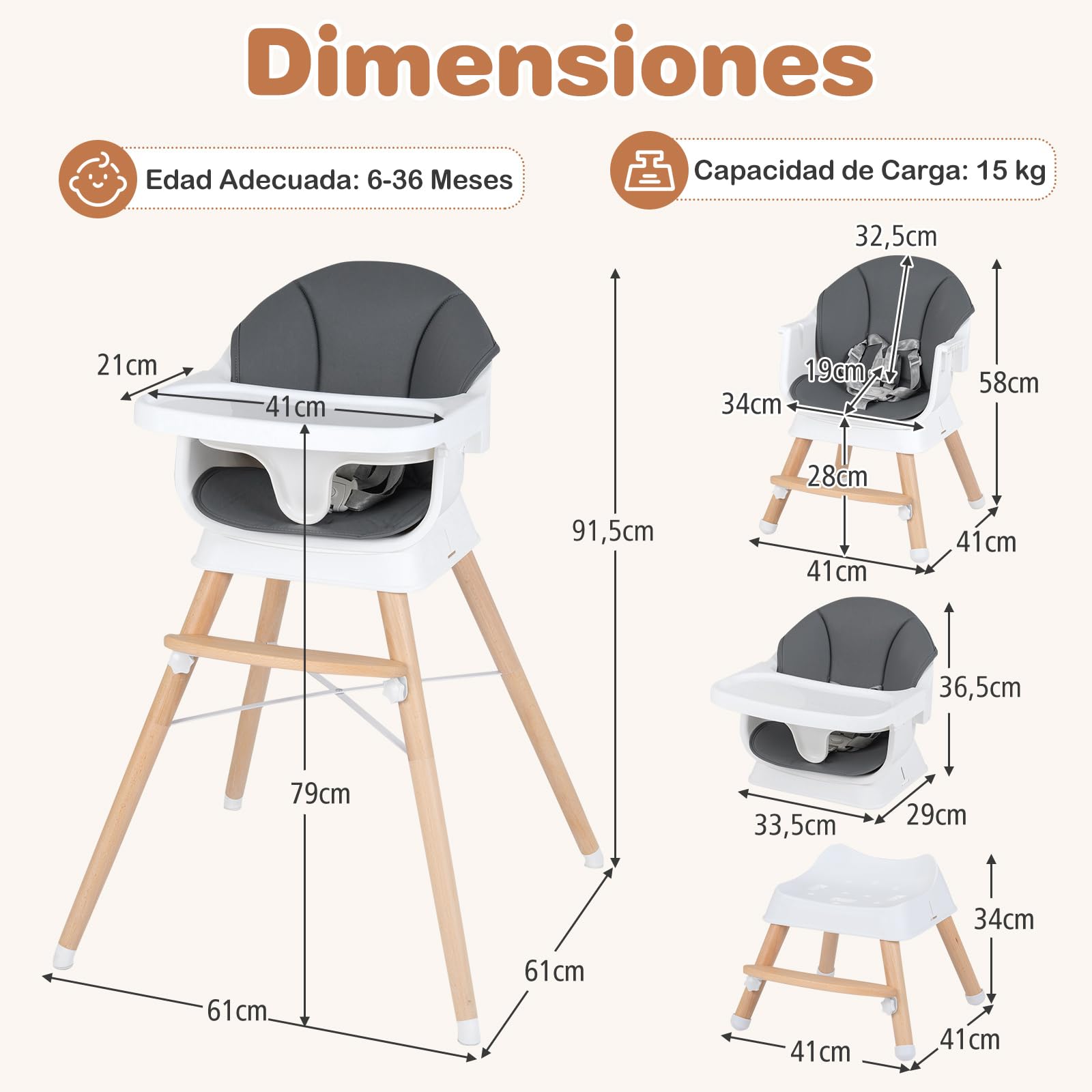 COSTWAY Trona Convertible para Bebés, Silla Alta de Alimentación Evolutiva con Bandeja y Cojín Desmontables, Arnés de 5 Puntos y Patas de Madera, Taburete Portátil Infantil para 6-36 Meses