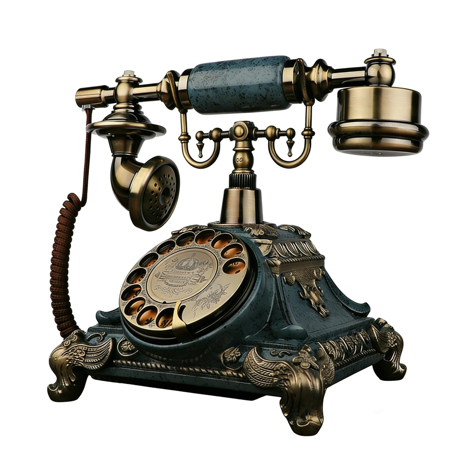 Telefono Vintage a Disco Rotante Verdigris, Classico Telefono Fisso retrò con Lavorazione Artigianale in Metallo Decorato per Arredamento di casa, Ufficio e Collezionisti