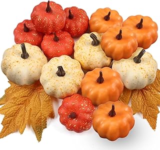 16PCS Artificial Mini Fake Pumpkins Set,Foam Plastic Pumpkins with Fall ...