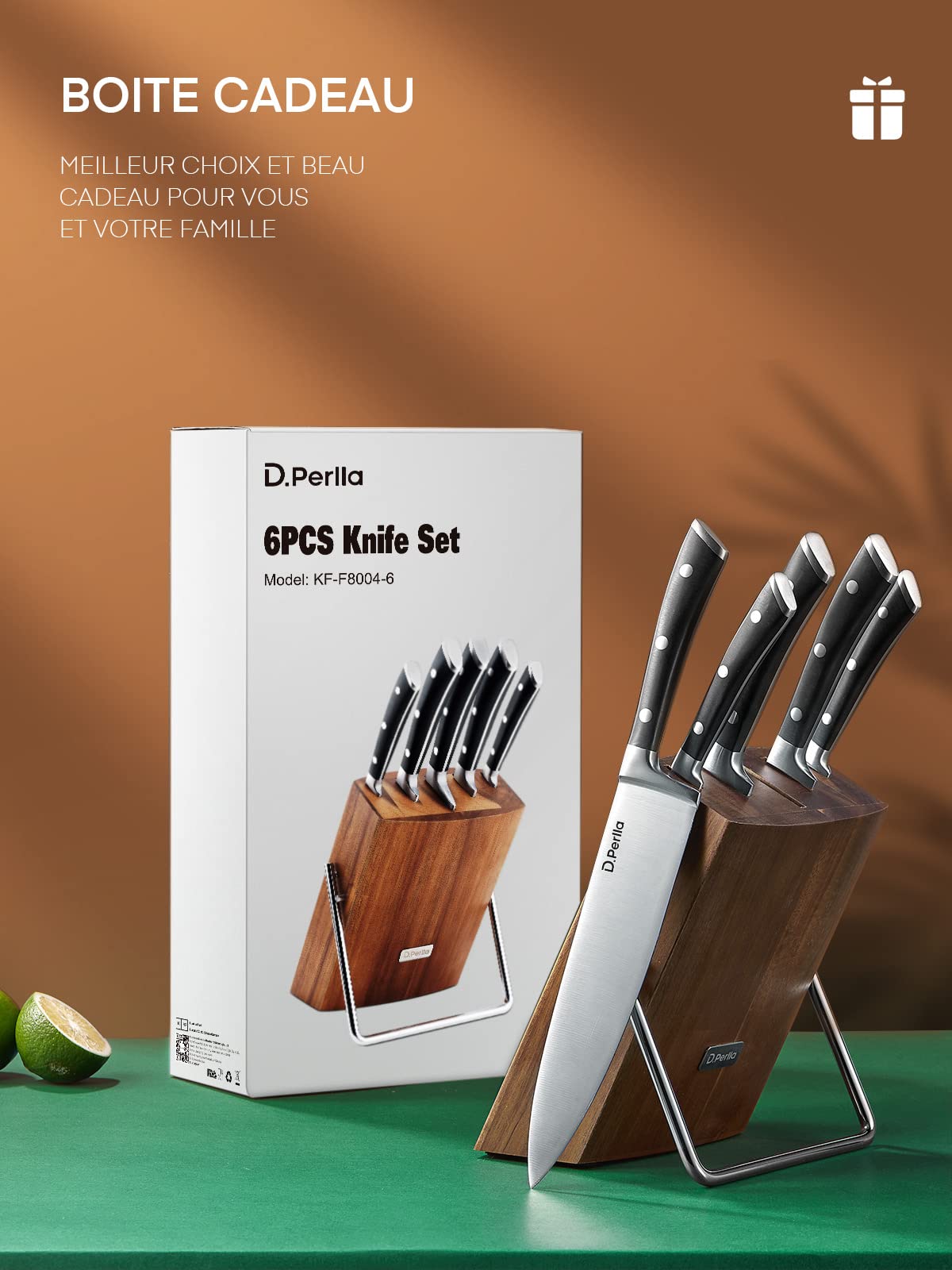 D.Perlla Couteaux de Cuisine, 6 Pièces Set Couteau Cuisine en Allemagne Acier Inoxydable, Ensemble de Couteaux Professionnels, Bloc de Bois, Super Aiguisé