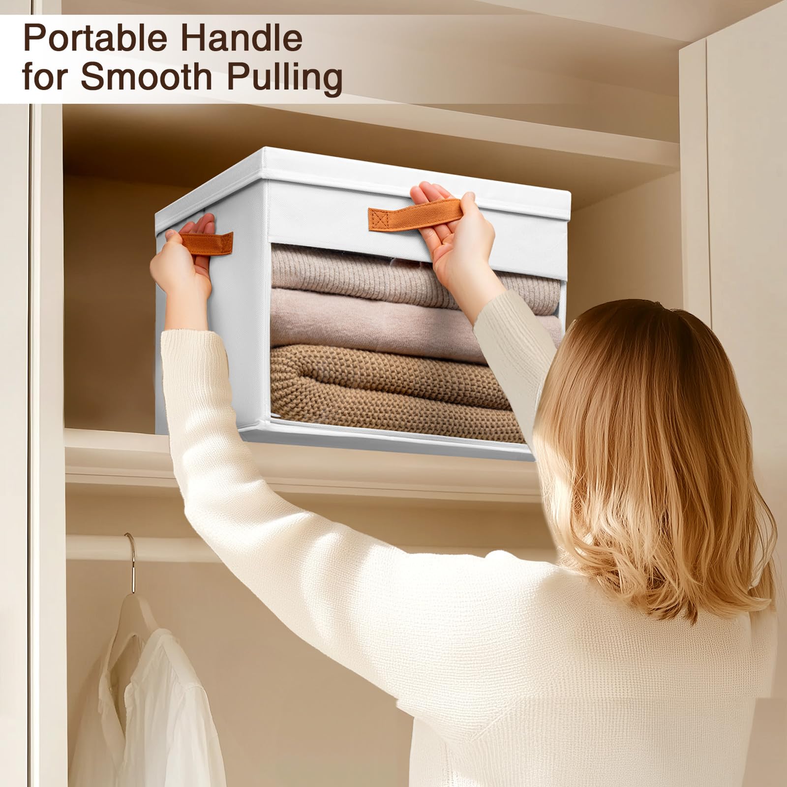Homsorout Aufbewahrungsboxen mit Deckel Große - Aufbewahrungskorb Stoff Faltbare 4er Set Aufbewahrungsbox mit Transparentem Sichtfenster, 42 x 30 x 28 cm Faltbox für Kleidung, Kleiderschrank, Weiß