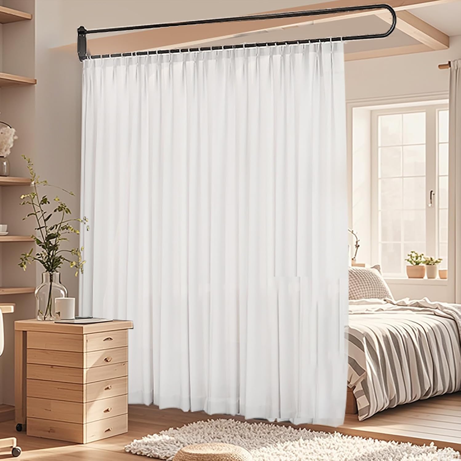 U Shape Privacy Partition Curtains for Room Divider Partitions with Flat Hook Inherent Hospital Curtains for Fitting Room Beauty Salon Bedroom Hospital SPA Black-white