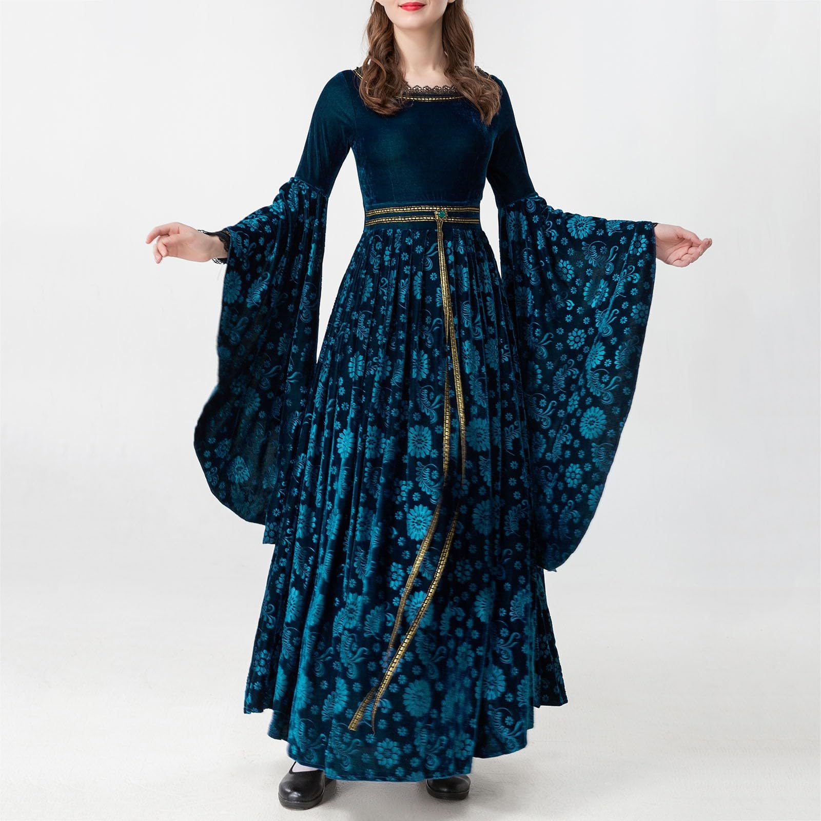Vestidos Mujer Disfraz Halloween Mujer - Conjunto De 2 Piezas De Encaje De Manga Larga con Cuello Redondo para Mujer Vestido Retro De Cosplay Gran Maxi para Vestido De Cosplay con Capa