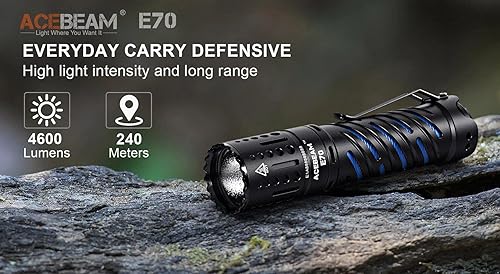 ACEBEAM Linterna LED de cobre E70 - 4600 lúmenes hasta 787.4ft, tiro 6500 K blanco frío con batería recargable