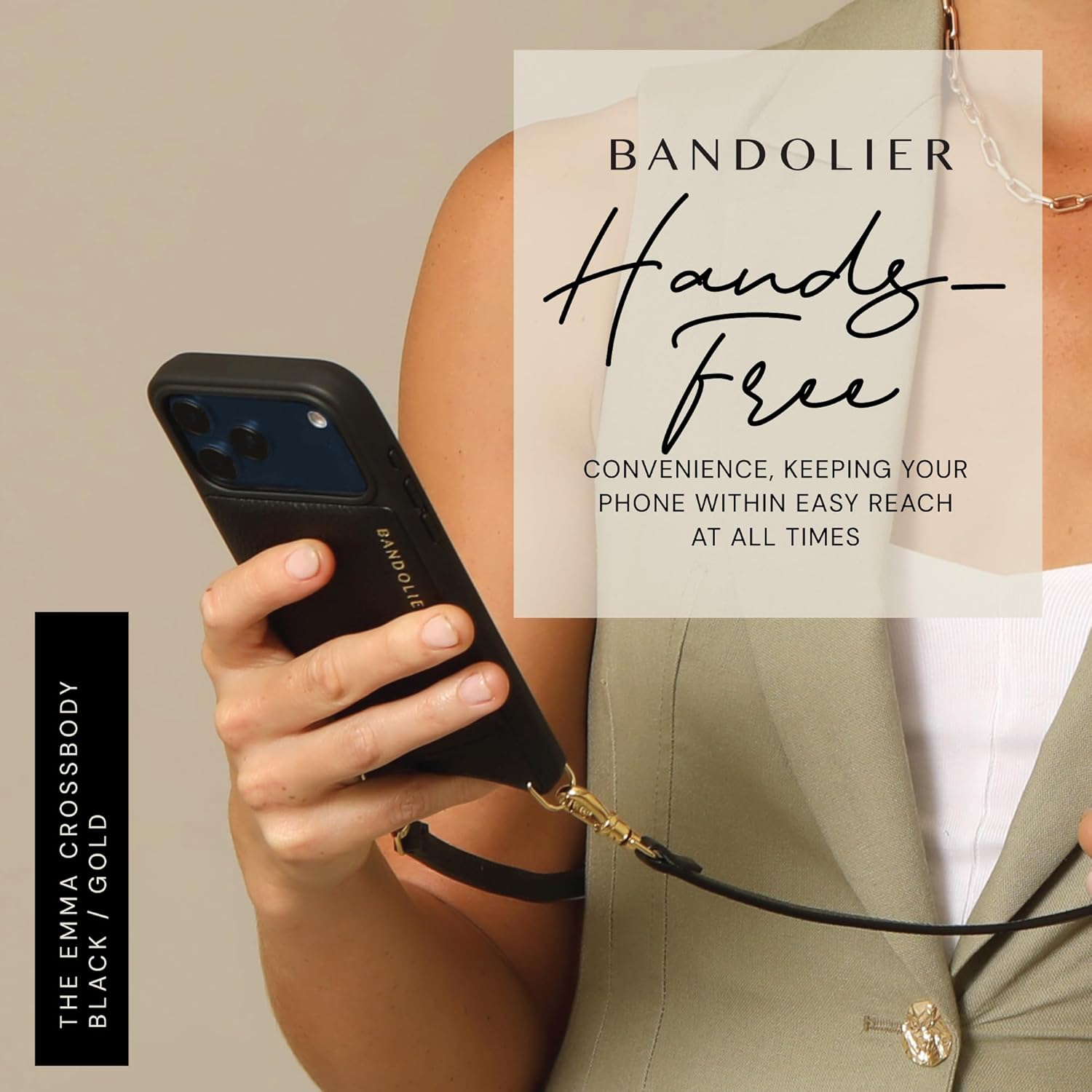 Bandolier Emma Crossbody Wallet Phone Case for iPhone 17 Pro. 100% Genuine Pebble Leather. Adjustable & Removable Crossbody Strap. Card Holder with Snap Closure. Black with Gold Hardware - Image 7