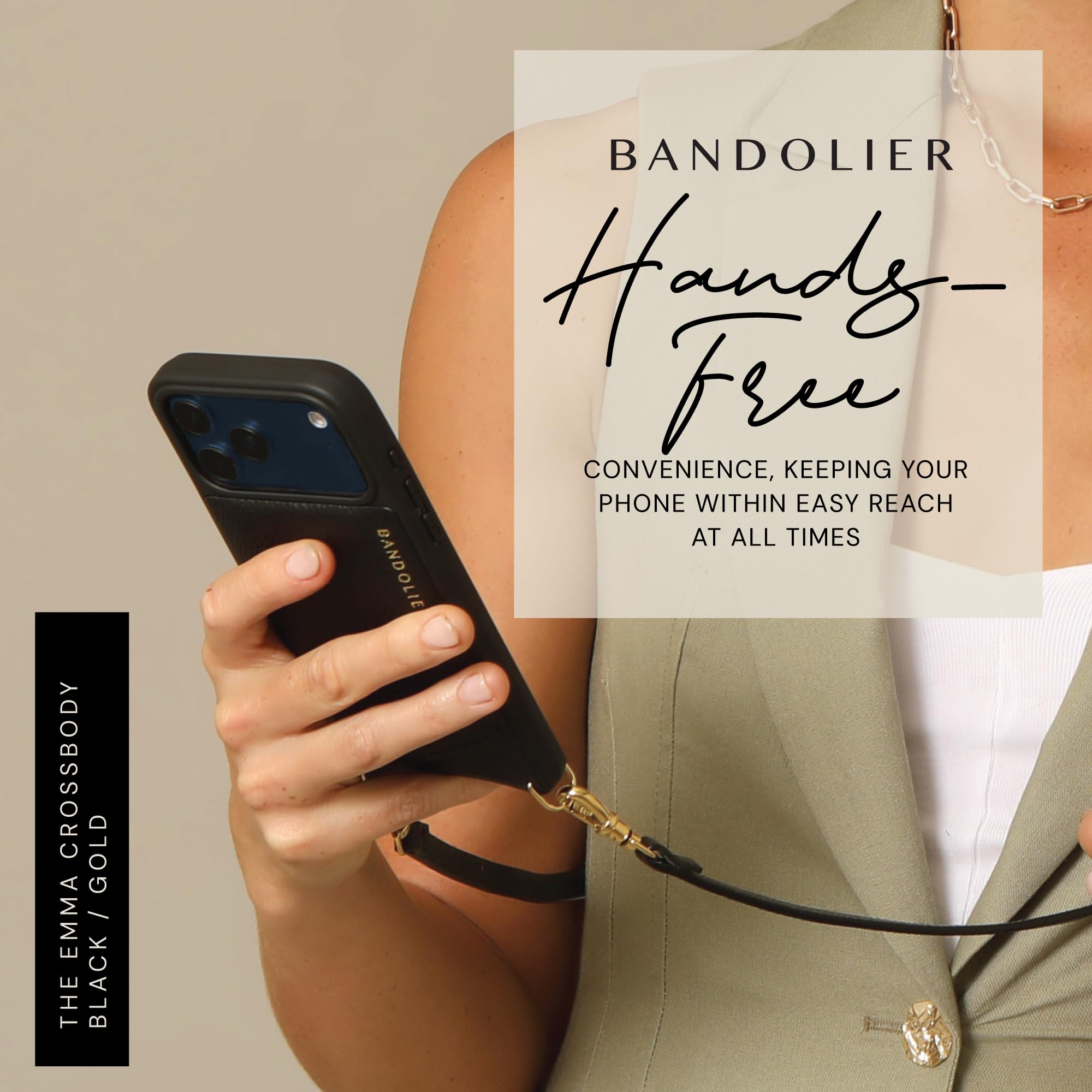 Bandolier Emma Crossbody Wallet Handyhülle für iPhone 17 Pro Kieselleder Verstellbarer & Abnehmbarer Crossbody-Gurt Kartenhalter mit Schnappverschluss Schwarz mit goldfarbenen Beschlägen