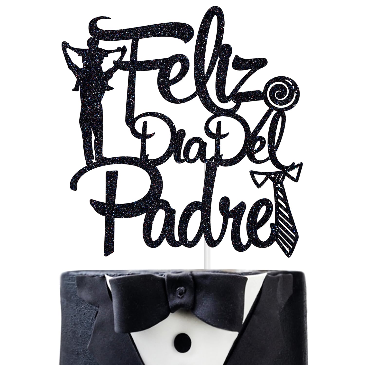 Feliz dia del Padre Cake Topper, Feliz Cumpleaños Papa, Feliz dia Papa, World's Best Dad, Father's Day Party Cake Decorations Supplies, Black Glitter