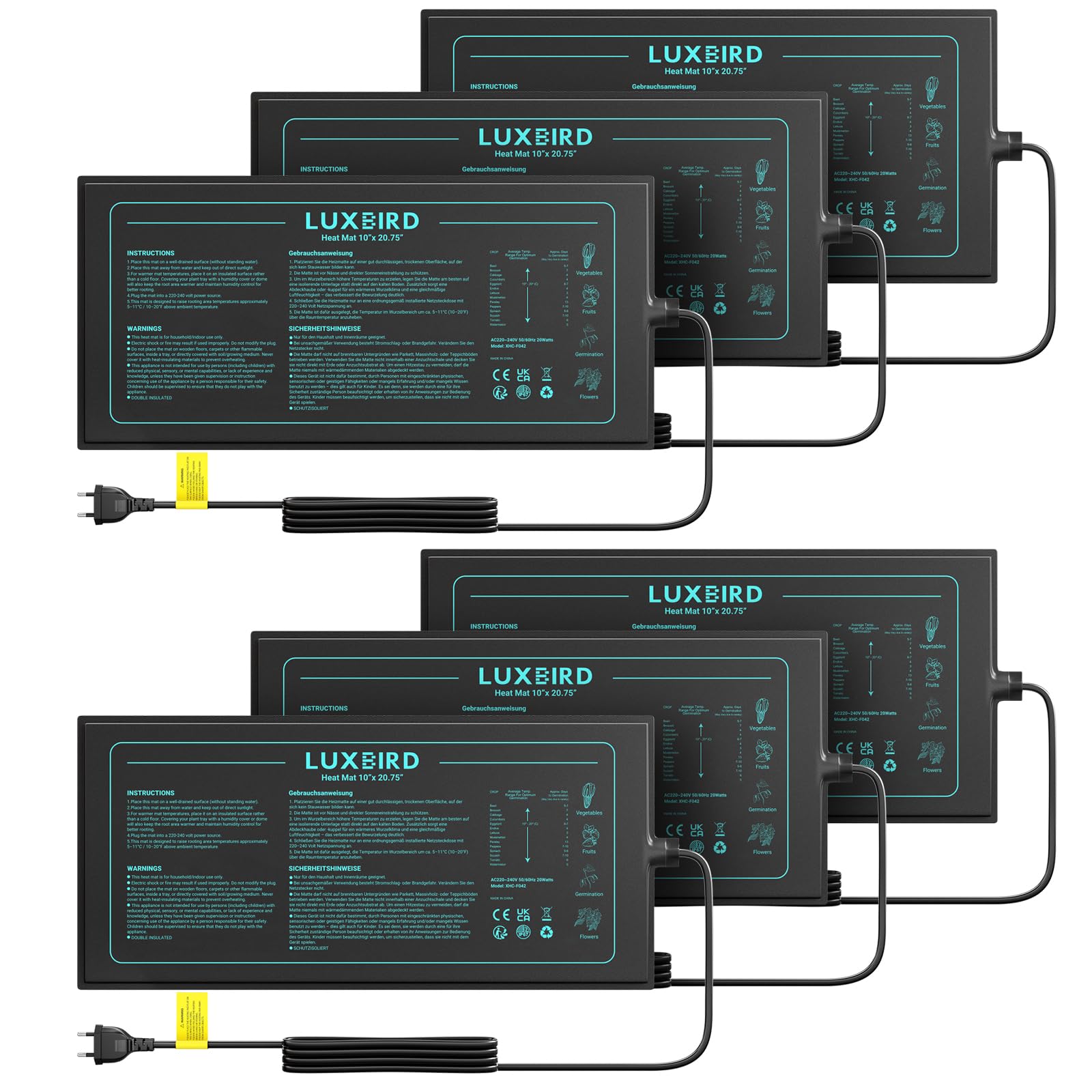 Luxbird Tappetino riscaldante per piante, confezione da 6 tappetini riscaldanti impermeabili da 20 W, per serra da interni, giardini, serre, terrario, animali domestici, rettili, tappetini riscaldanti