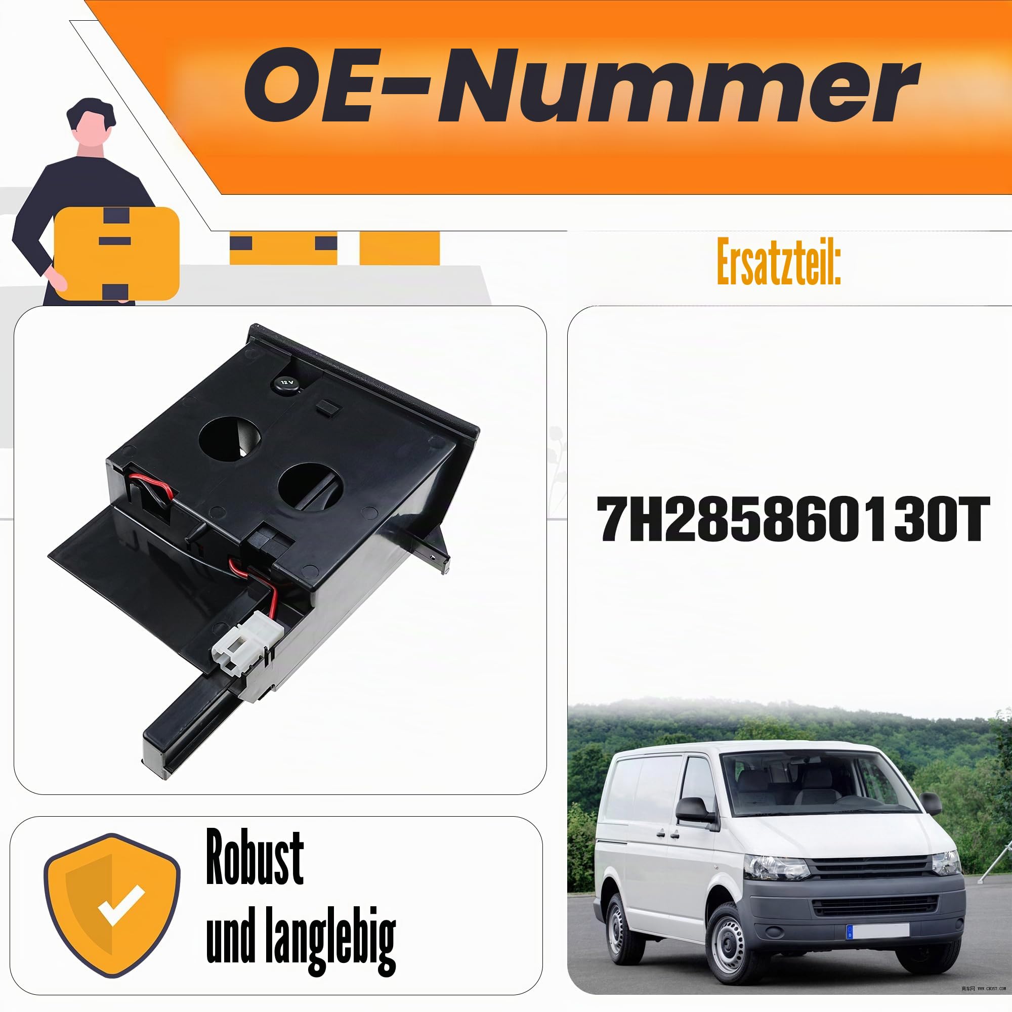 Aschenbecher und Becherhalter kompatibel für VW T5 Transporter 2003-2013, Rechtslenkung, Front-Aschenbecher und Münzhalter, Ersatz für 7H285860130T