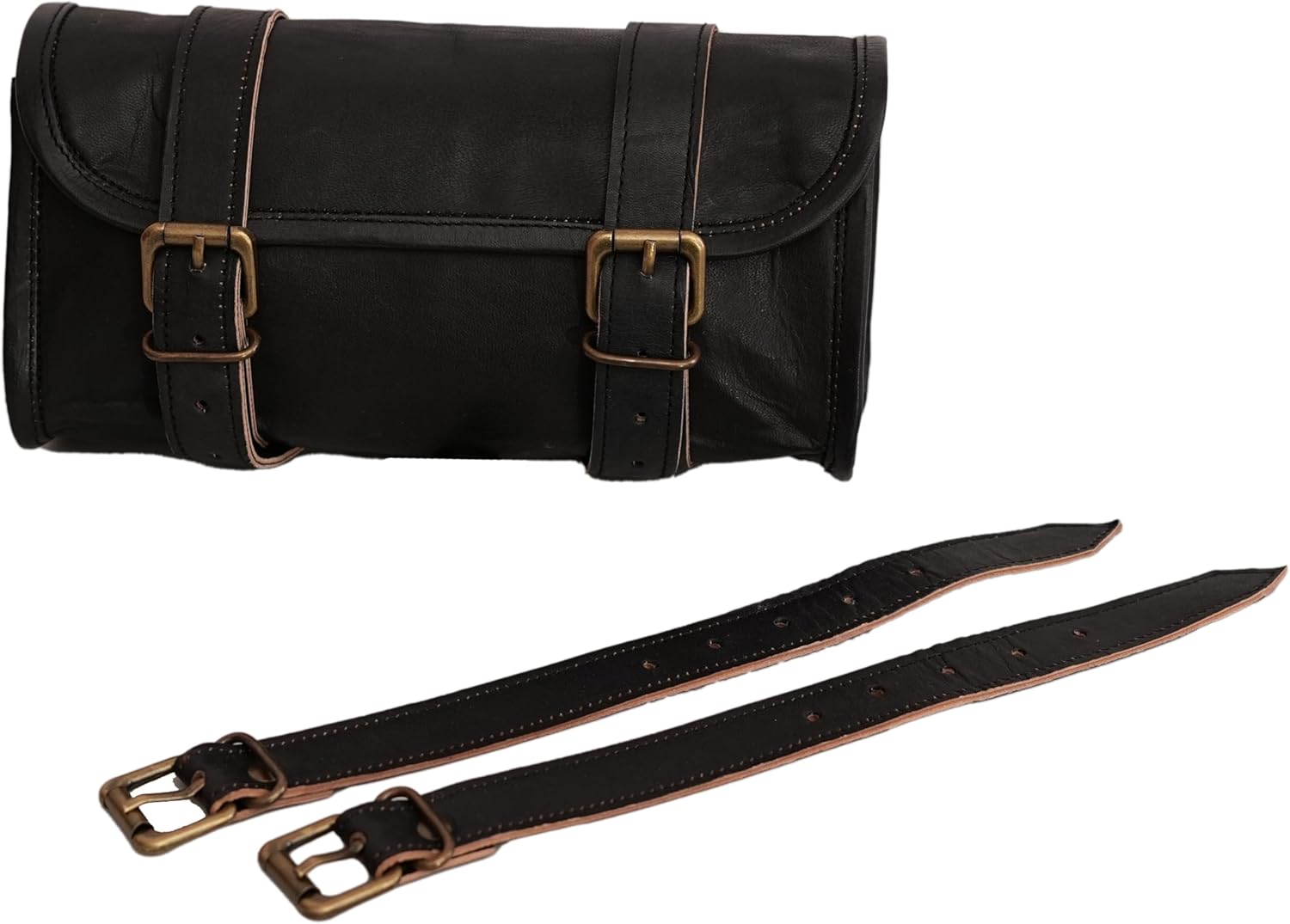 PLW Leather Vintage Motorcycle Bicycle Essentials 2 Strap Buckle Closure Tool Bag Adjustable Quick Release Clasp Reinforced For Handlebars, Forks, Sissy Bar (Black)