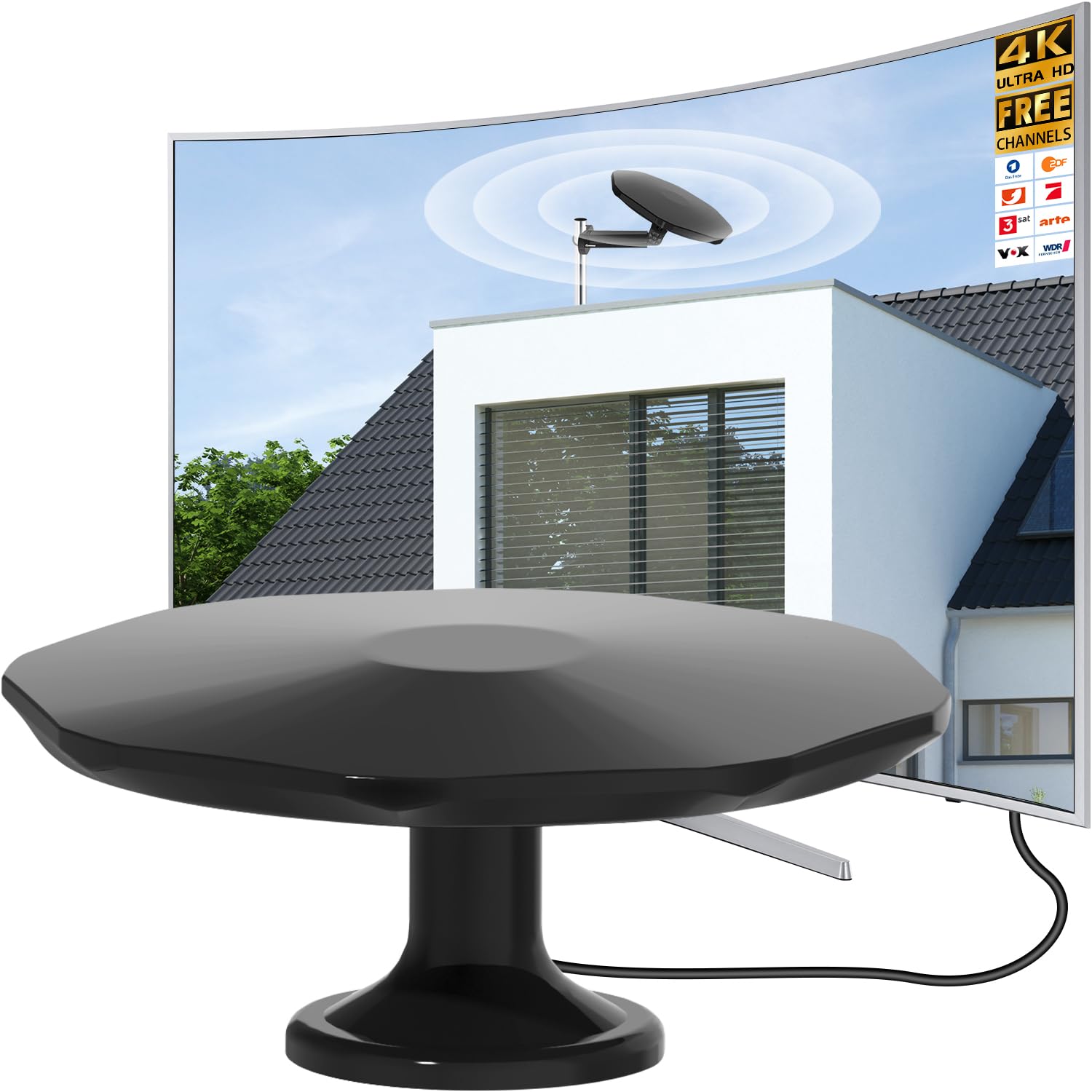 DVBT2 Antenne Außen, Leistungsstarke Außenantenne Camping Antenne, 360° Omnidirektionaler Empfang bis 650 km, Kostenlose Lokale Sender, 4K HD 1080P, 10m Koaxialkabel, Schwarz