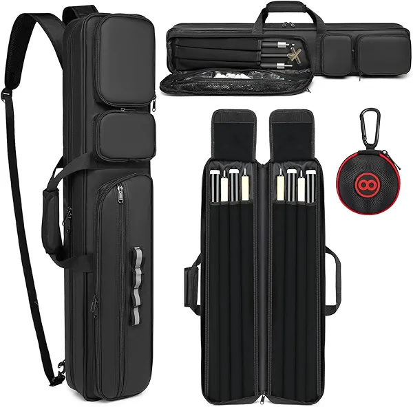 Beejirm Pool Cue Case - 4x4 Padded Pool Cue Bag - Holds 4 Butts and 4 Shafts, Multiple Accessory Pockets