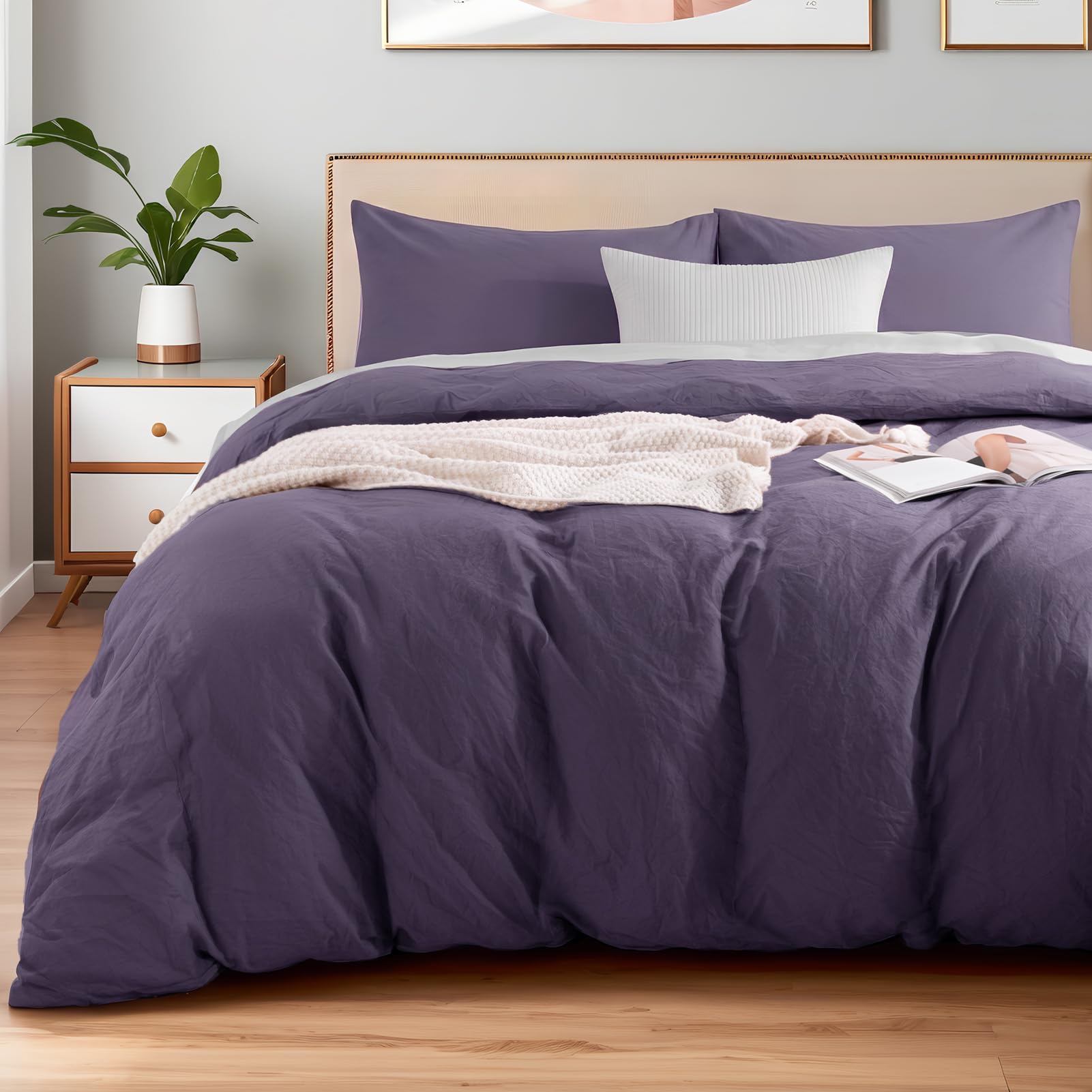 NEXHOME PRO 100% Washed Cotton Duvet Cover Twin Size, Ogranic Natural Linen Feel Breathable Bedding Set with Zipper Closure, 2 Pieces Includes 68x90 Inch Cover &amp; 1 Pillowcases Eggplant (No Comforter)