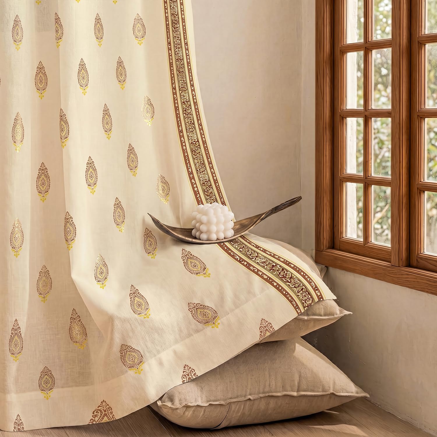Urban Space 100% Cotton Curtains with Gold Foil Print | Upto 60% Light Blocking Door Curtain 7 feet I Set of 2 Decorative Curtains with Eyelets, Tieback Included (Zari Buta Brown Gold - 7 feet)-image-19