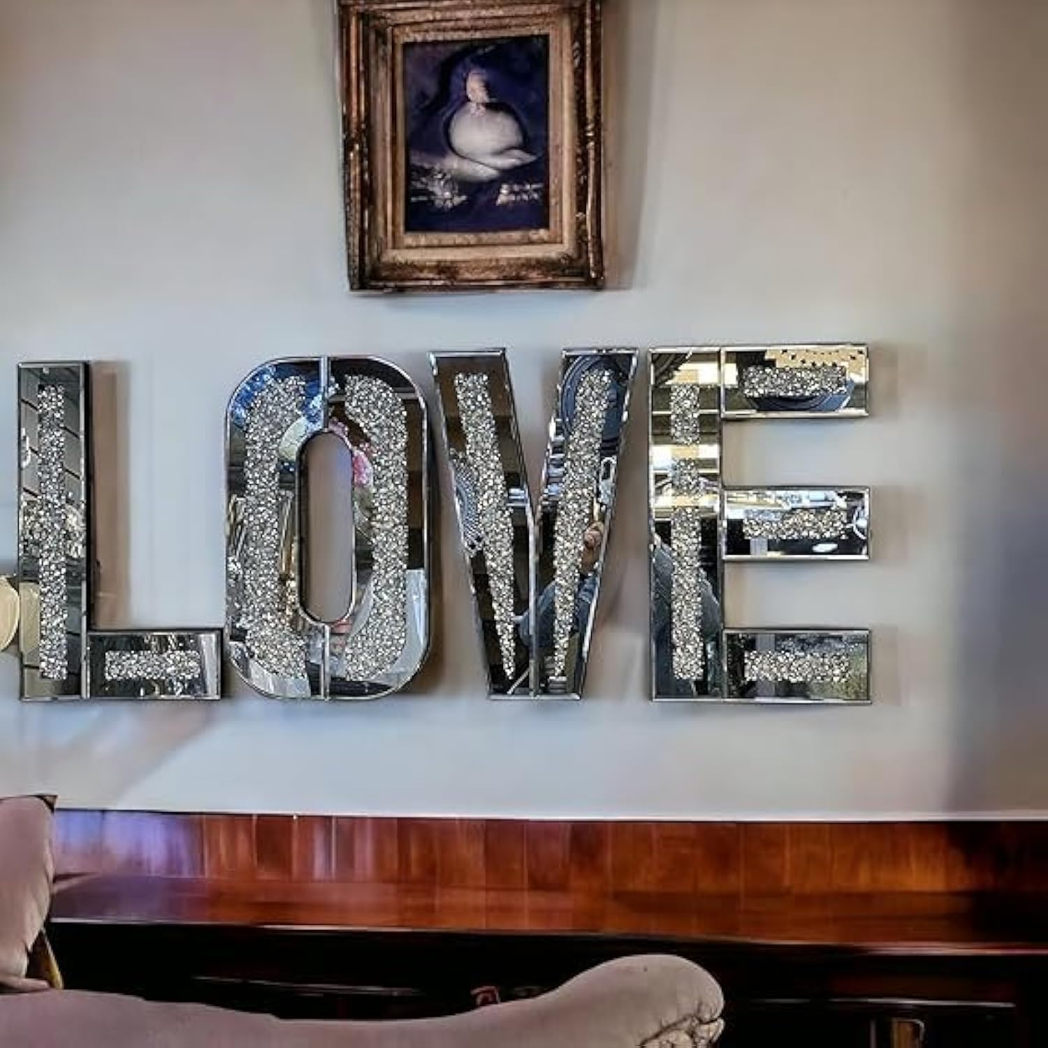 Jayogla Silver Crushed Diamond Love Letters Mirrored Glass Sparkly Ornament Home Decor - 50 X 35Cm