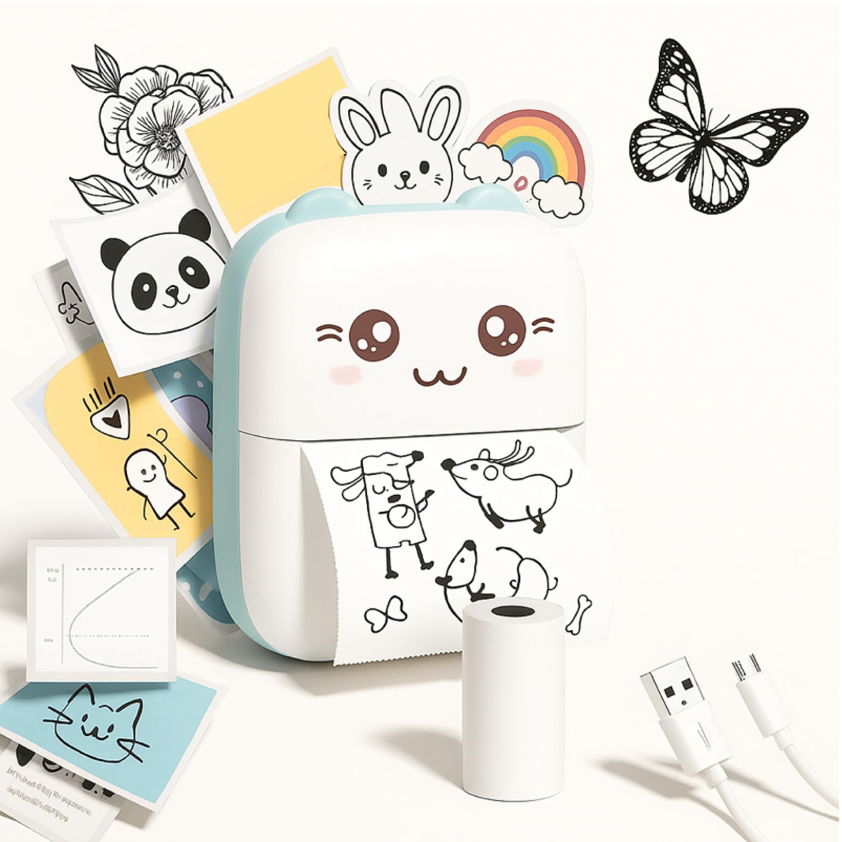 Mini Impresora térmica portátil para móvil con bluethoot. Impresora fotográfica sin Tinta con 1 Rollo de Papel térmico. Mini Printer Infantil Compatible con iOS y Android. Color Azul