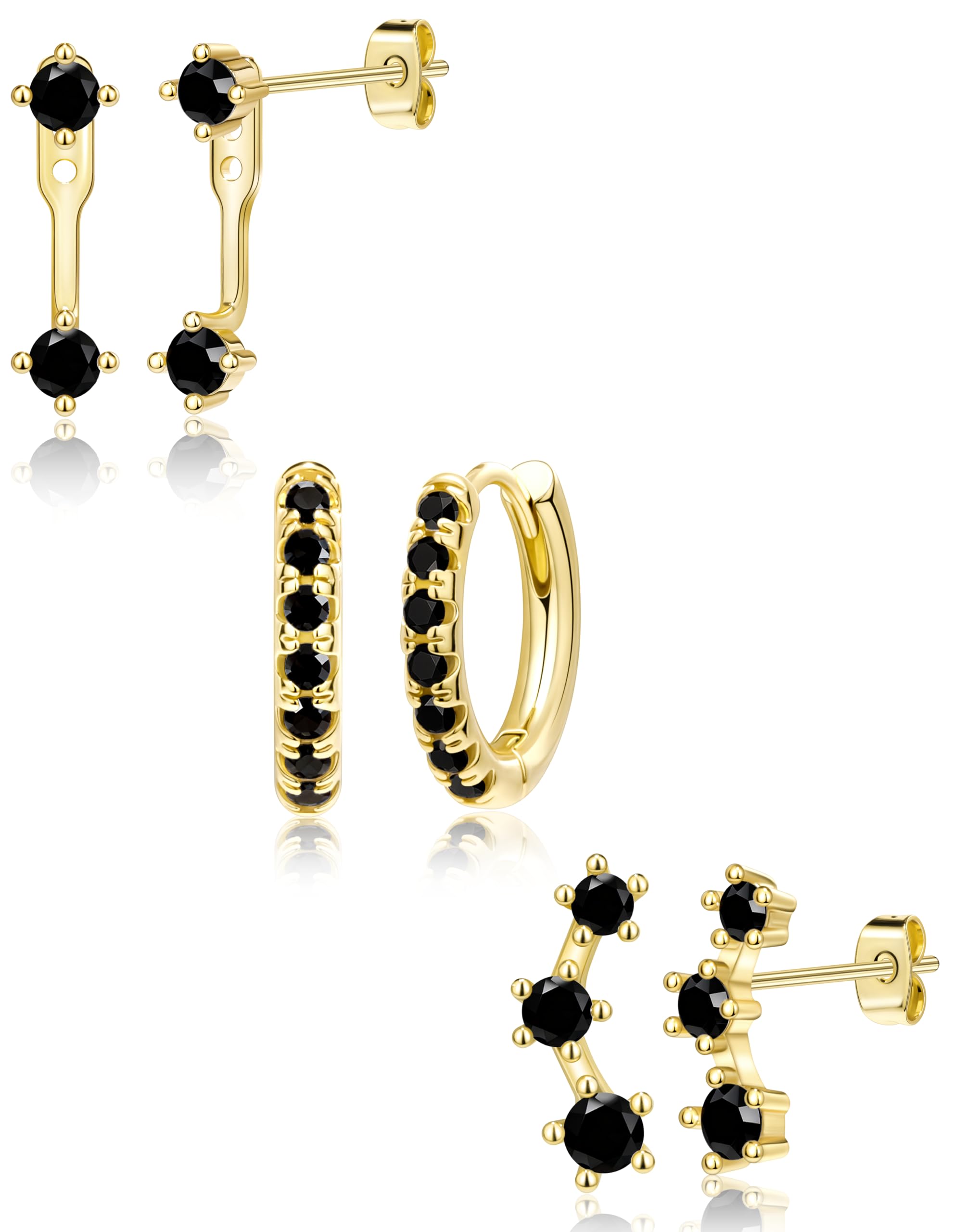 Gold Stud Earrings Set for Women, 3 Pairs Huggie Hoop Jacket Studs Earring Stacks, Hypoallergenic 925 Sterling Silver Post Dainty Birthstone Trendy Women Fashion Accessories Jewelry Gifts
