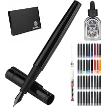 Fountain Pen Set, Elegant Executive Fine Nib Pen with Ink Converter, Refill Tool, Black & Assorted Cartridges, Bottled Ink, Gift for Journaling, Writing, Office and Beginners All Black