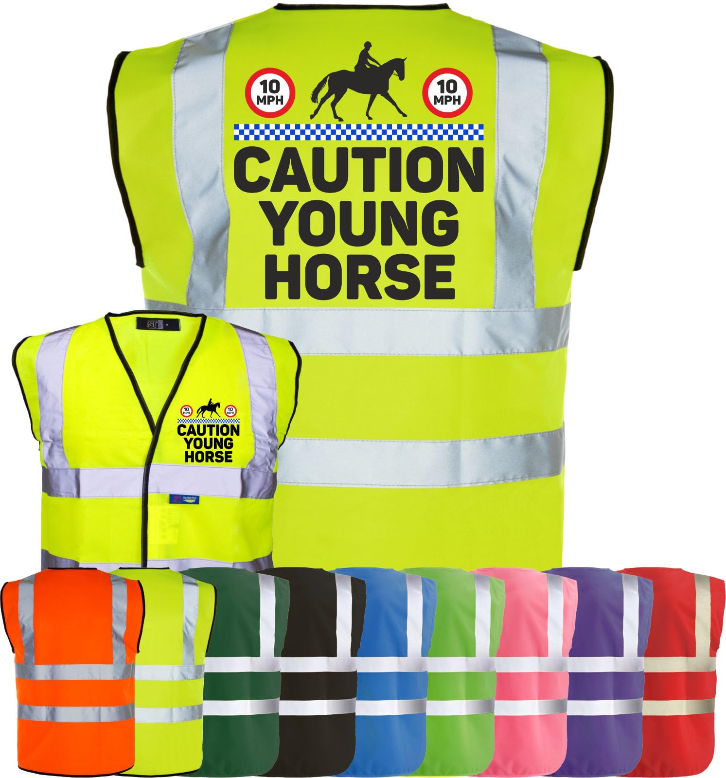 Corporate Togs Equine Hi-Vis CAUTION YOUNG HORSE Equestrian Waistcoat - Safety Vest Tabard, Fastening Vest, British Standard CE Marked | Safety Apparel โ image 1
