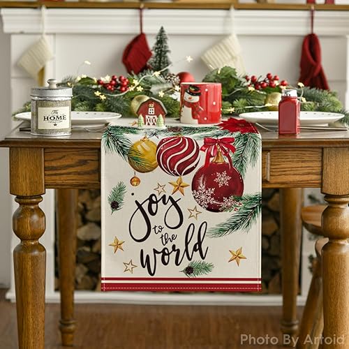 Miniatura 7 de Artoid Mode Camino de mesa de Navidad con bolas de pino y flor de pascua, decoración de mesa de comedor para decoración de fiesta en el hogar, 13 x