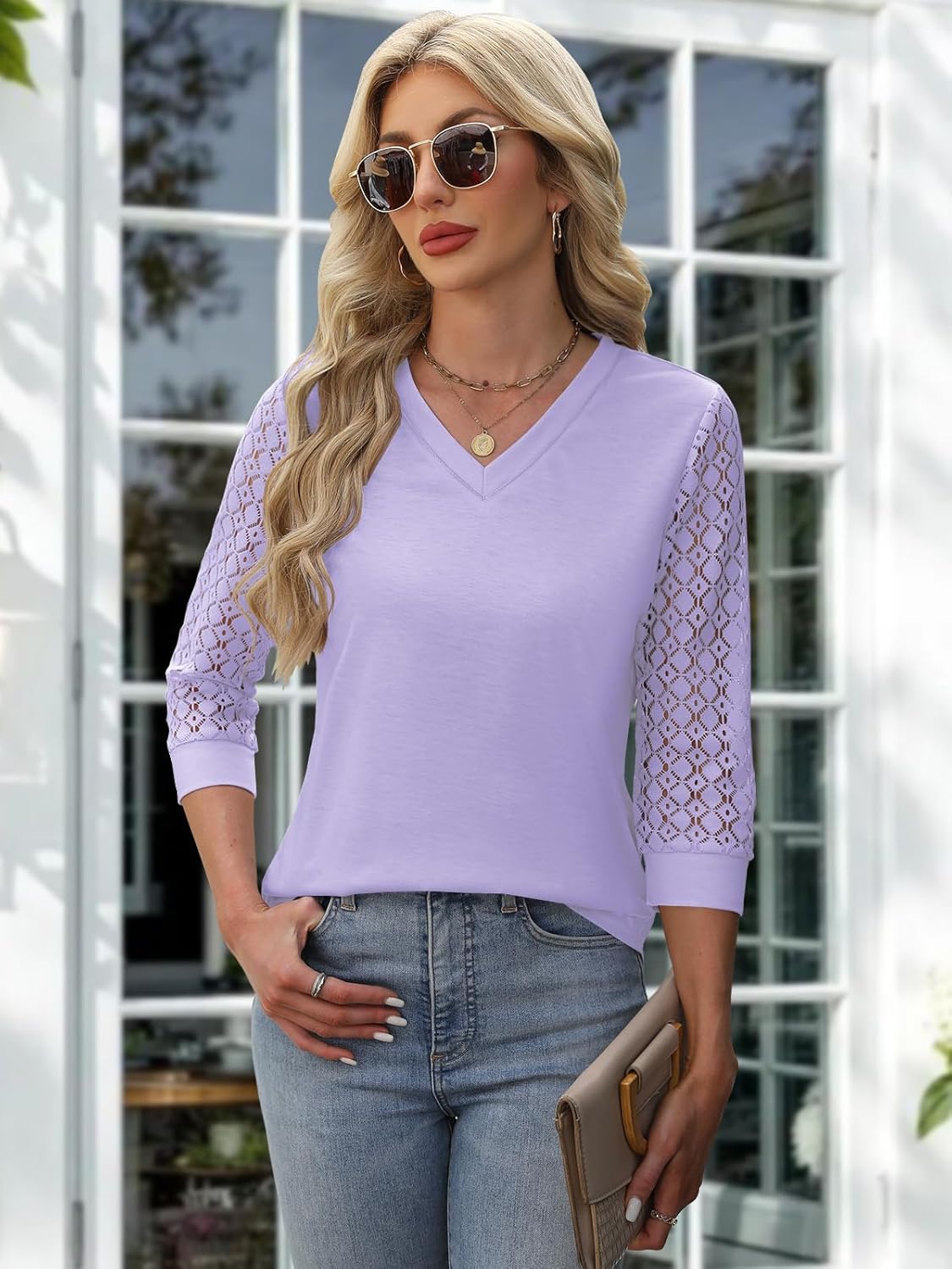 Spring Tops for Women 3/4 Sleeve V Neck Lace Blouse Dressy Casual Womens Tops S-XXL - Image 3