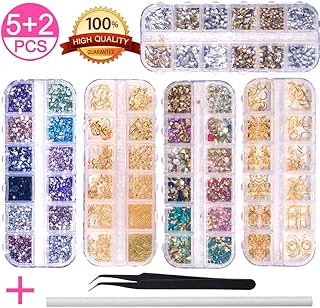 5 Boxes Nail Art Rhinestones Gold Silver Metal Nail Art Studs Rivets Nail Crystal Gems, Colorful Nail Art Rhinestones Nail Diamonds Kit with Tweezers and Wax Pen for Nail Art Supplies Accessories