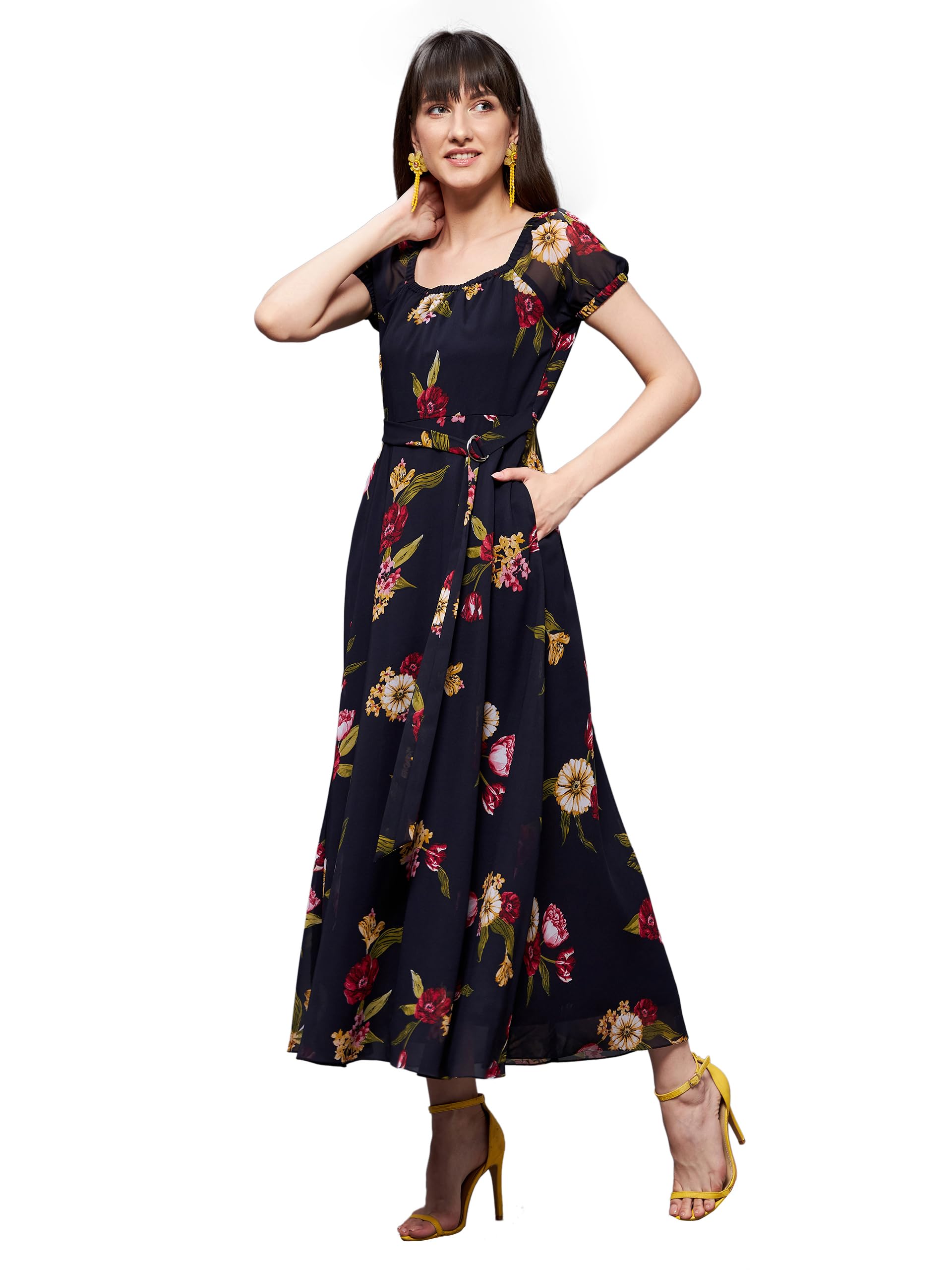 Miss Chase Women's Square Neck Short Puff Sleeve Floral Fit & Flare Georgette Midi Dress (Mcss22D16-21-178-03, Multicolored-Base-Navy Blue, S)