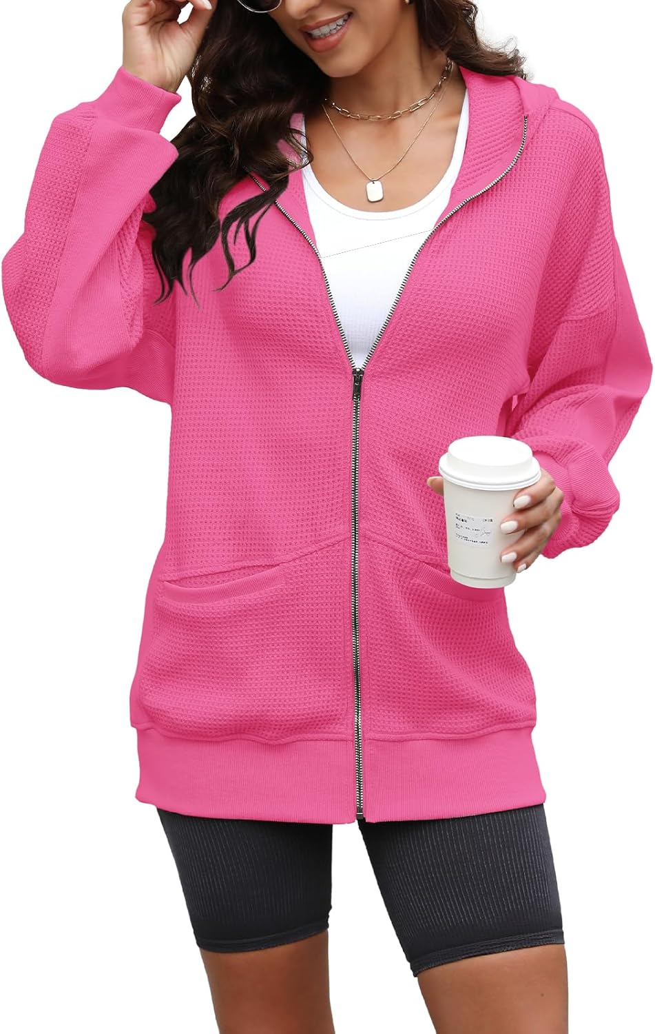 Yanekop Zip Up Hoodie Women Oversized Waffle Knit Shirt Fall Shackets 2025 Corduroy Jacket Fall Outfits with Pockets - Image 3