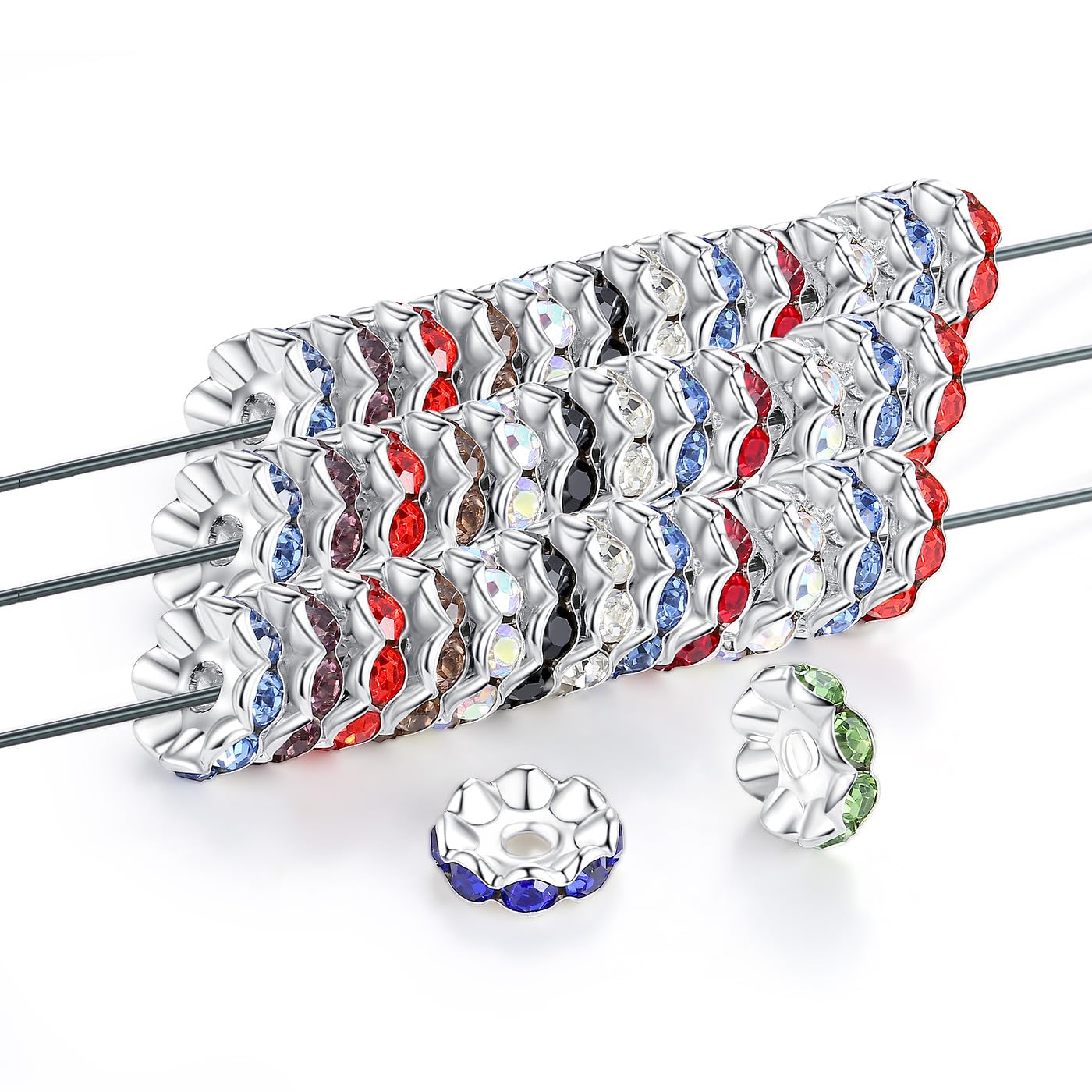 NUKAYAI 100Pcs 12mm Rondle Spacer Beads for Jewelry Making, Rhinestone Sliver Plated Crystal Bead Wave Charm Bulk Diamond Glitter Plated Spacer Beads