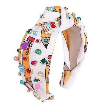 boderier Teacher Headbands for Women Pearl Crystal Knotted Headband Pencil Apple Embellished Headband Back to School Hair Accessory Teacher Appreciation Gifts Crystal Beaded Charms