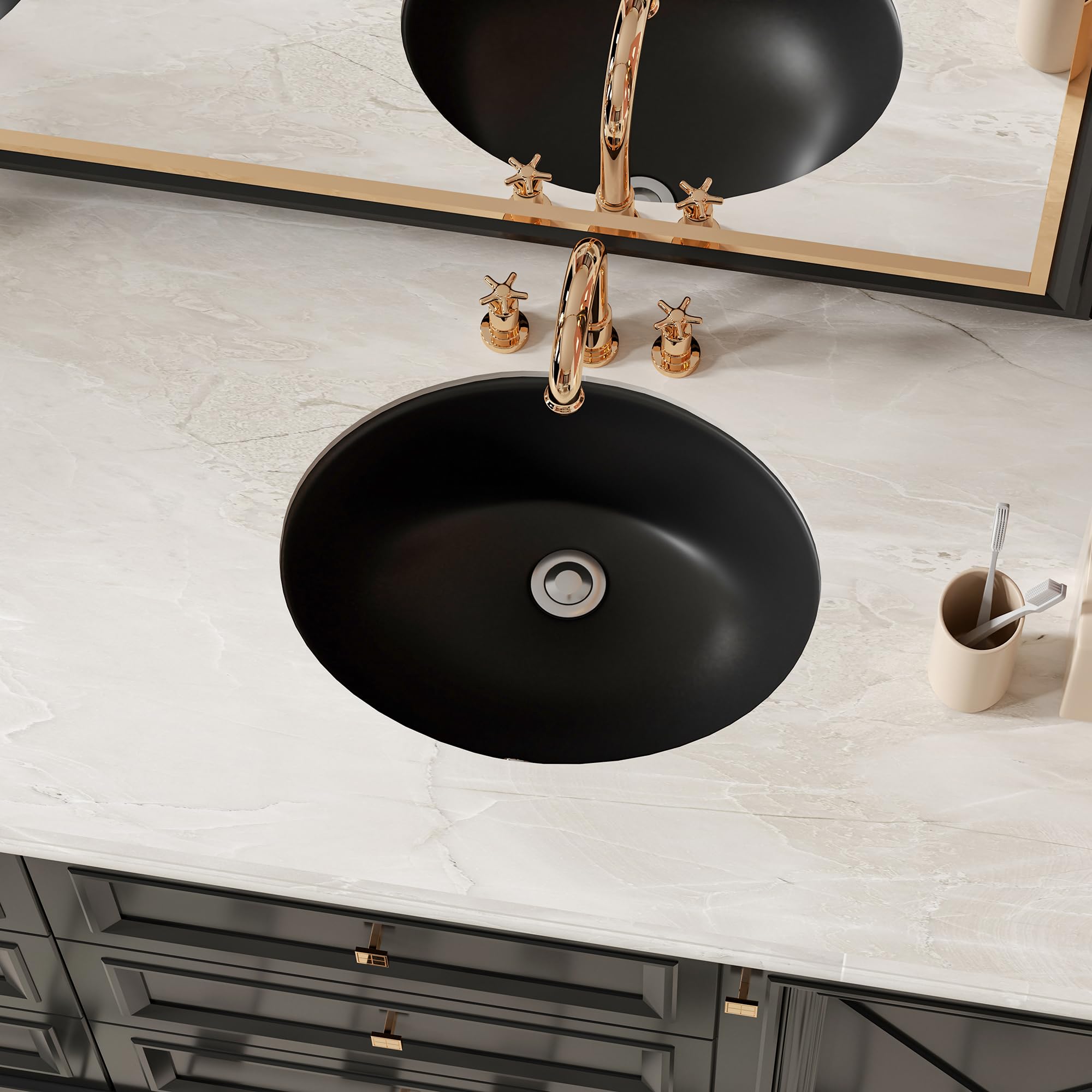Fregadero de baño empotrado ovalado SmartSylva, 37,5 cm x 29,2 cm (Tamaño interior) Fregadero de baño ovalado de porcelana de cerámica bajo montaje con desbordamiento, negro mate
