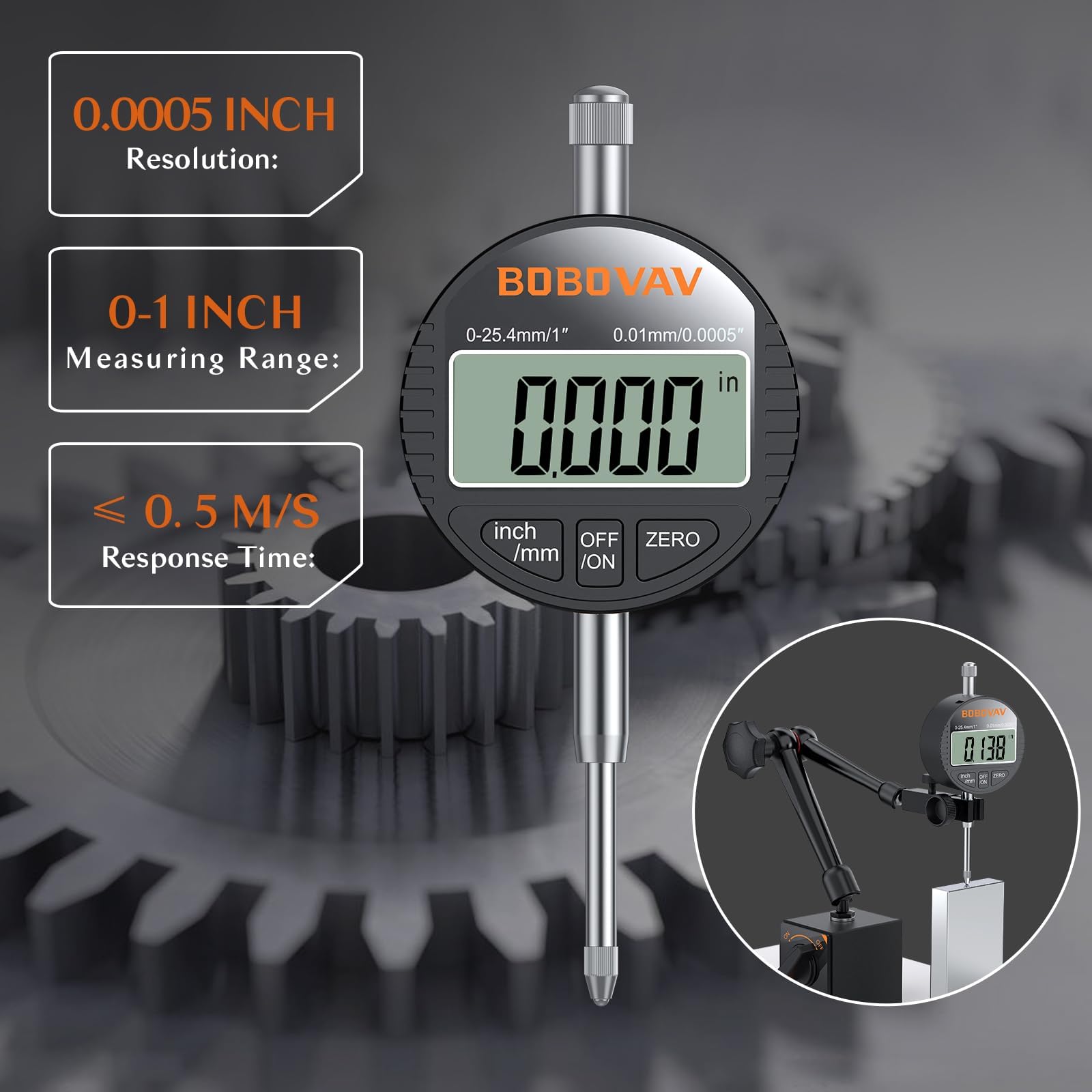 Digitale Messuhr mit Magnetstativ, 0–25,4 mm, 0,01 mm, mm/Zoll | Bis zu 80 kg Haftkraft, mm/Zoll-Umschaltung und 360° Gelenkarm – für Drehbank, 3D-Drucker und Maschinenprüfung