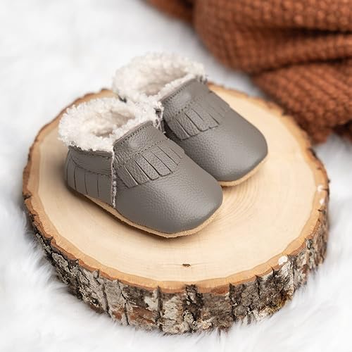 Miniatura 5 de BirdRock Baby Mocasines Sherpa - Zapatos de invierno acogedores de cuero genuino para niños y niñas