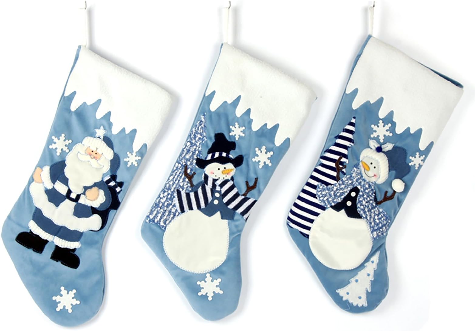 Etistta Classic 19 inch Blue Christmas Stockings Set of 3, Blue White Christmas Decor Velvet Applique Snow Stockings for Christmas Fireplace Decorations - Santa, Snowman