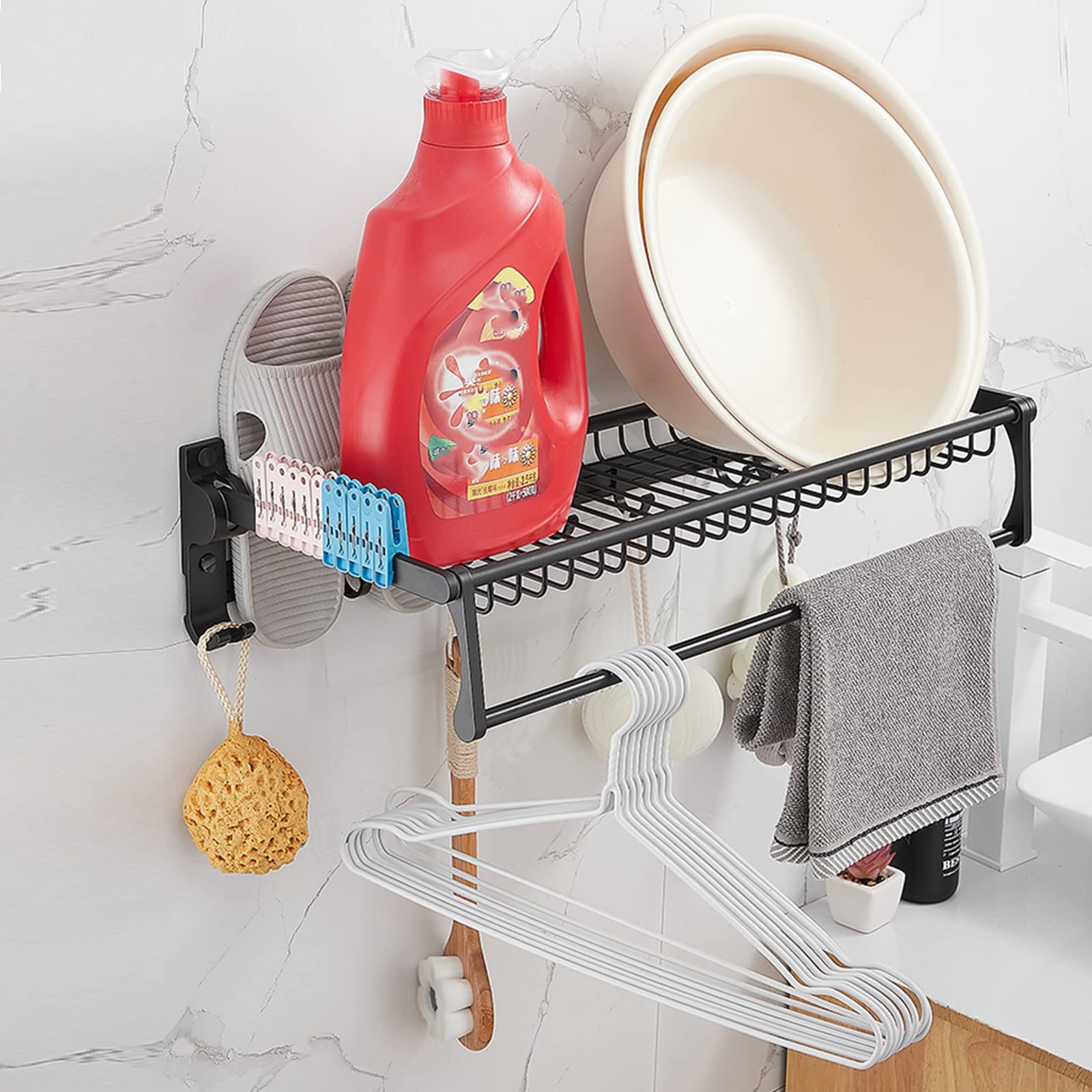 NEECS Porte-Serviettes avec Crochet Porte-Serviettes Auto-adhésif Noir sans perçage Support Mural Espace Pliable en Aluminium pour Salle de Bain et Cuisine, 50 cm (Taille : 40 cm)