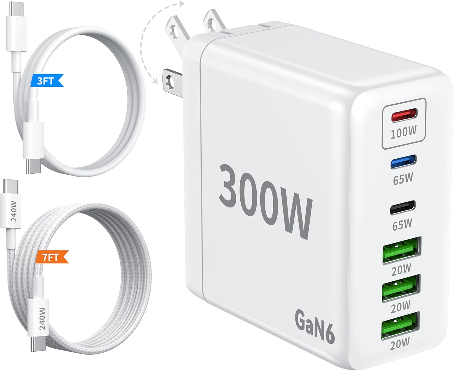 300W Mac Book Pro Charger, 6 Port Foldable Fast USB C Charger Compatible with MacBook pro/Air, M1 M2 M3 M4 M5, ipad Pro, iPhone 17 pro max,Samsung Galaxy and More, Include 2pcs 7FT Cable