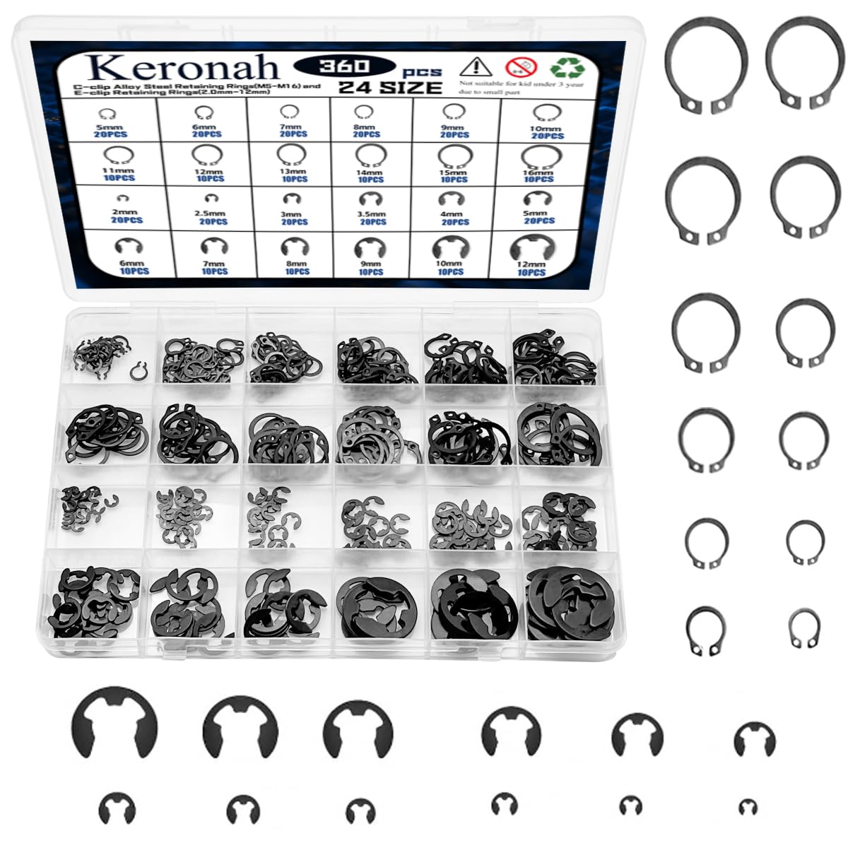 Keronah 360PCS 24 Sizes E-Clips Assortment Set(2mm-12mm) and Alloy Steel External Retaining Rings,Snap Retaining Clip Ring Kit,C Clips Assortment (M5-