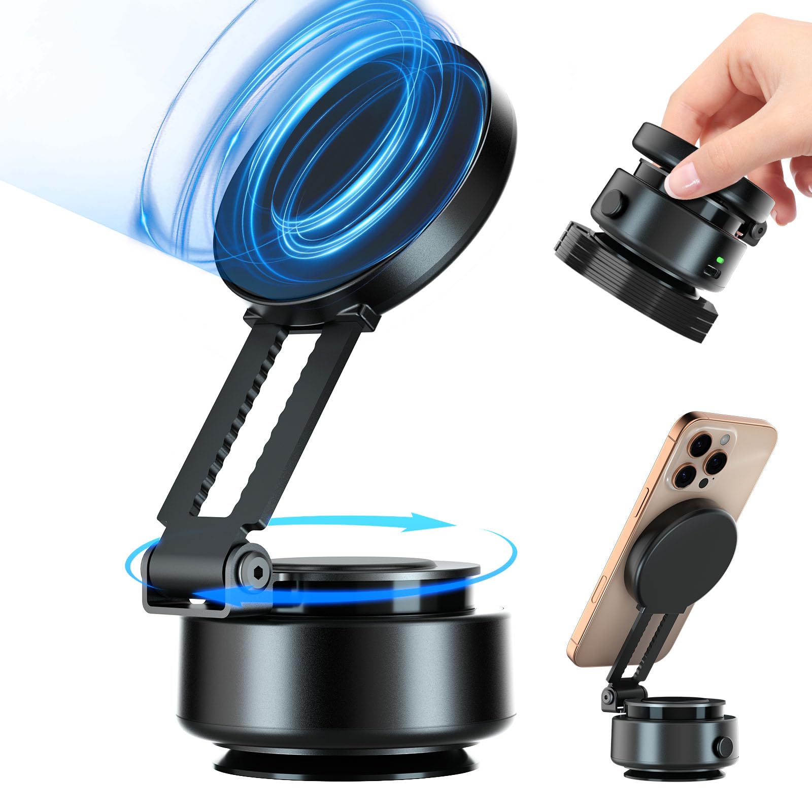 Soporte magnético para teléfono móvil para coche, rotación ajustable de 360 grados, soporte de teléfono eléctrico con ventosa al vacío con brazo extensible, compacto y portátil, manos libres, soporte