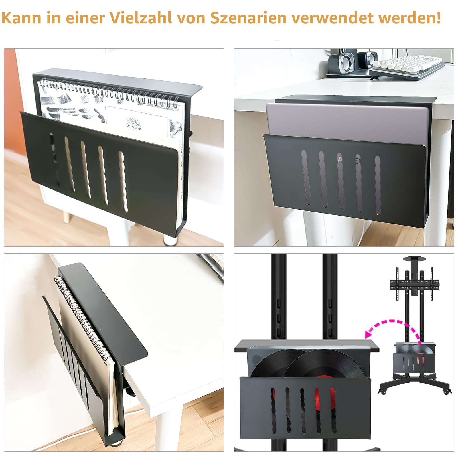 Desk Side Storage, Under Desk Storage, No Drill Steel Hanging Desk Organizer, Laptop Holder, Desk Storage Holder für Büro & Haus (Schwarz)