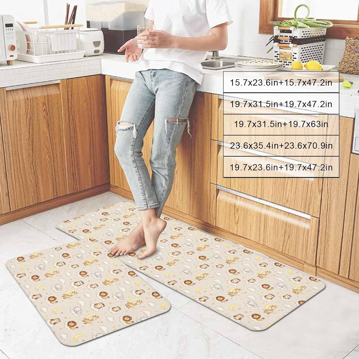Prime Leader Cartoon Theme Kitchen Mat Set 2 Pieces Giraffe Elephant Lion Owl Moon Stars Dreamy Non Slip Kitchen Rugs Washable Runner Rug Mats for Sink Laundry (19.7" x 31.5"+19.7" x 63")