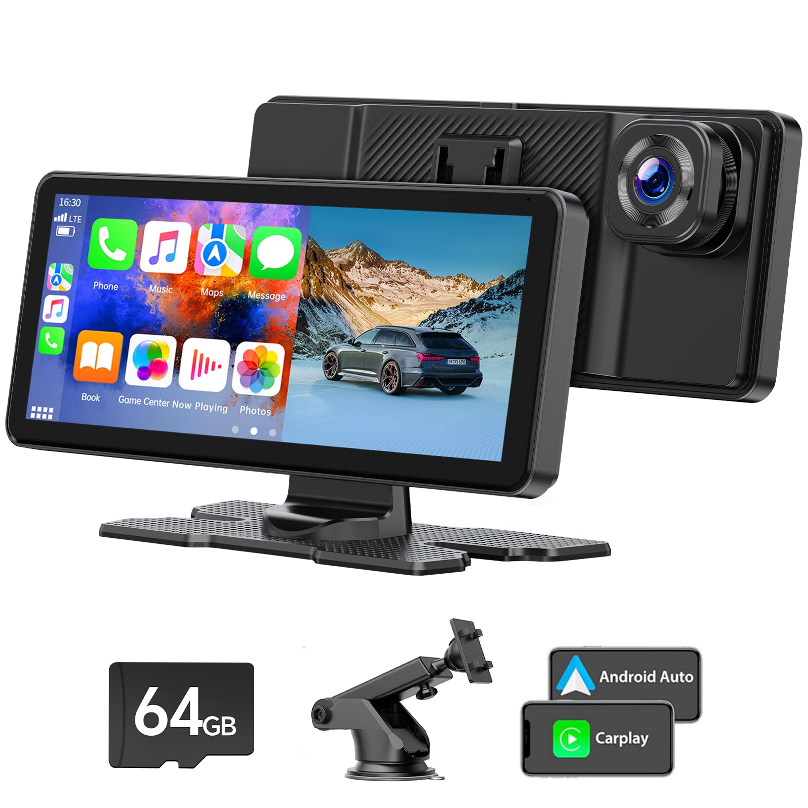 LAMTTO6.86" Wireless Car Stereo Screen for Apple Carplay and Android Auto 2.5K Dash Cam Front Camera GPS Navigation Mirror Link/Siri/FM/Bluetooth/DVR Loop Recording 64GB TF Card