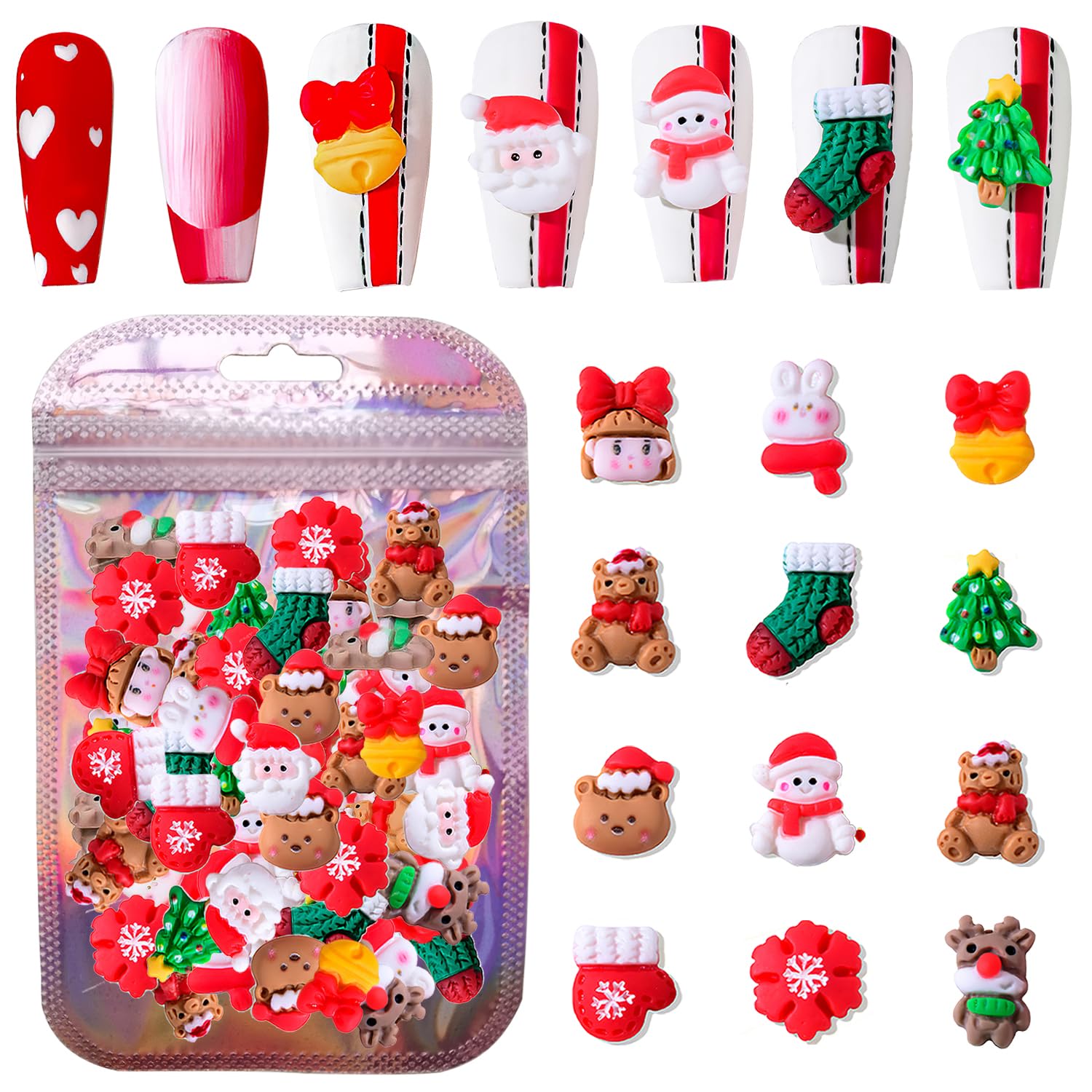 50pcs 3D Christmas Nail Art Charms Mixed Christmas Resin Charms Making Supplies Cartoon Santa Claus Elk Xmas Tree Gloves Snowman Nail Accessories for